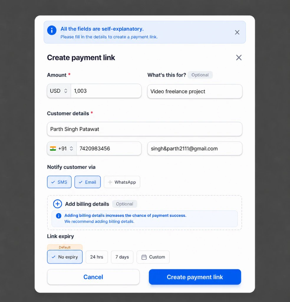 Create Payment Link Form