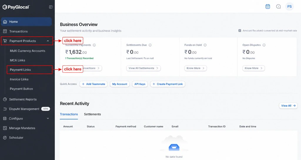 Navigate to Payment Links