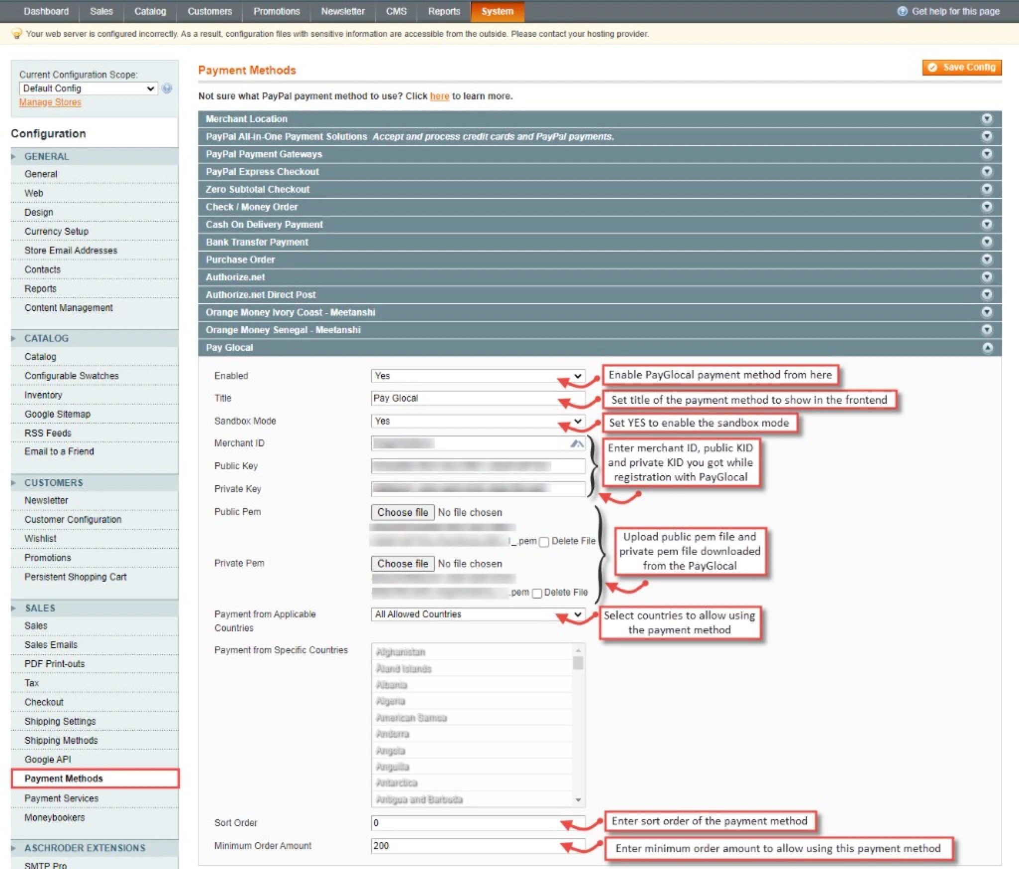 Magento PayGlocal payment method configuration screen