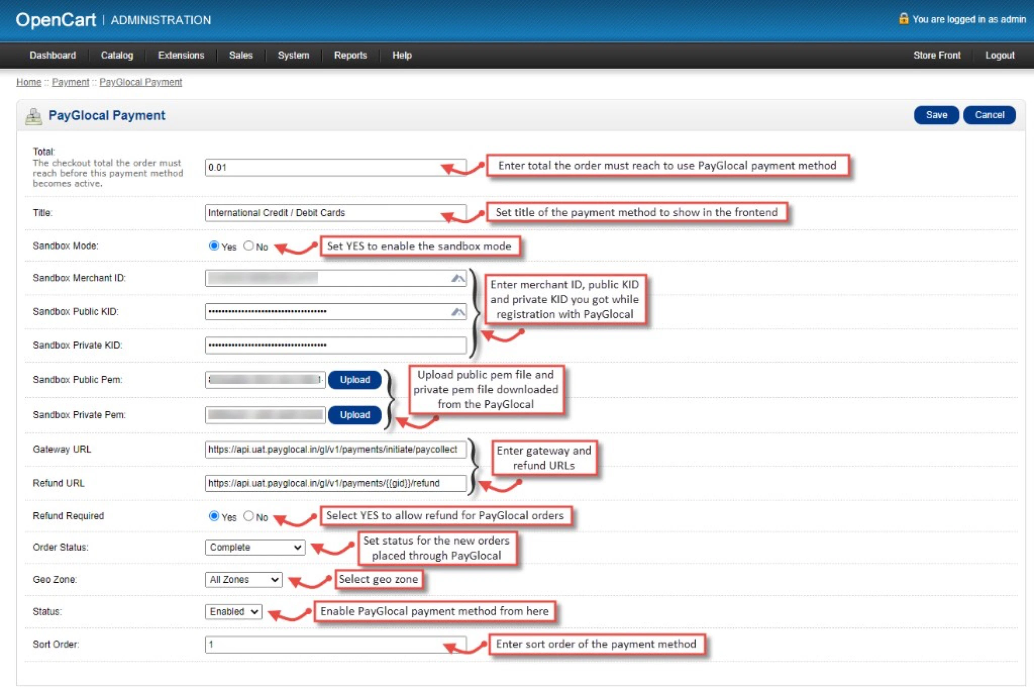 OpenCart PayGlocal payment gateway configuration form