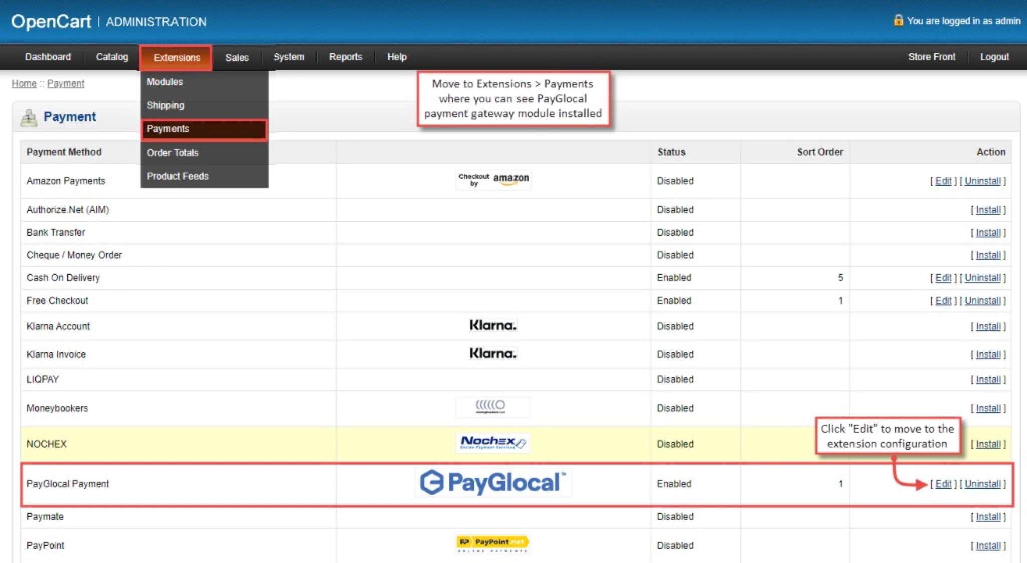 OpenCart Extensions Payments list with PayGlocal highlighted