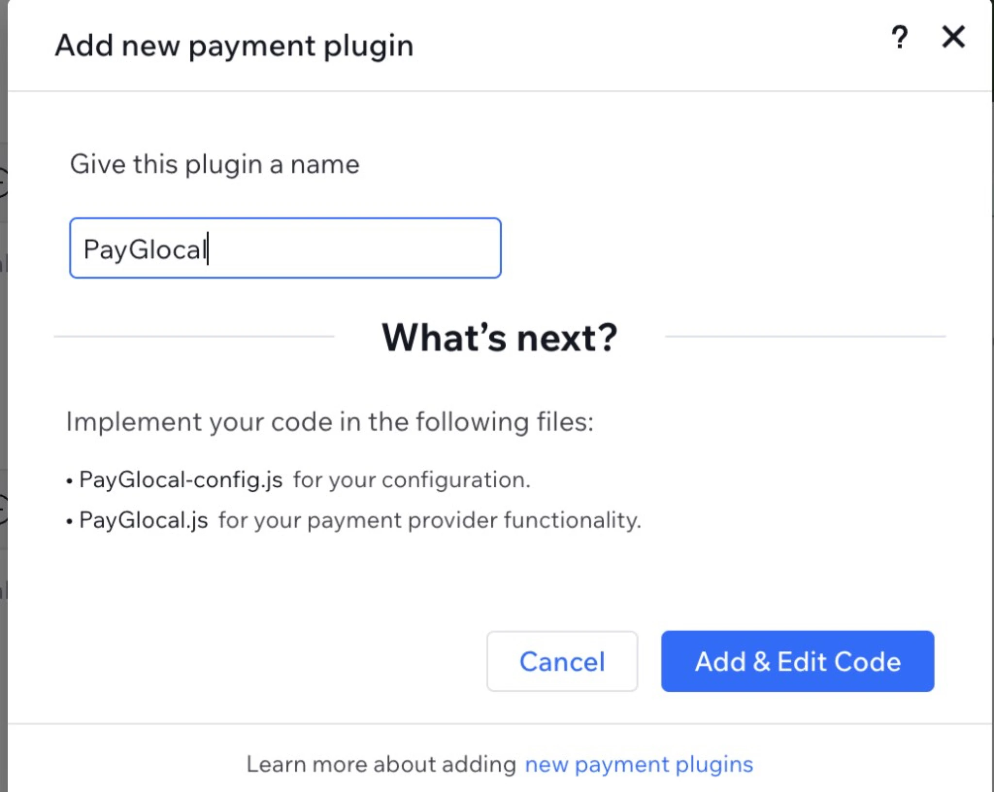 Add new payment plugin modal with PayGlocal name