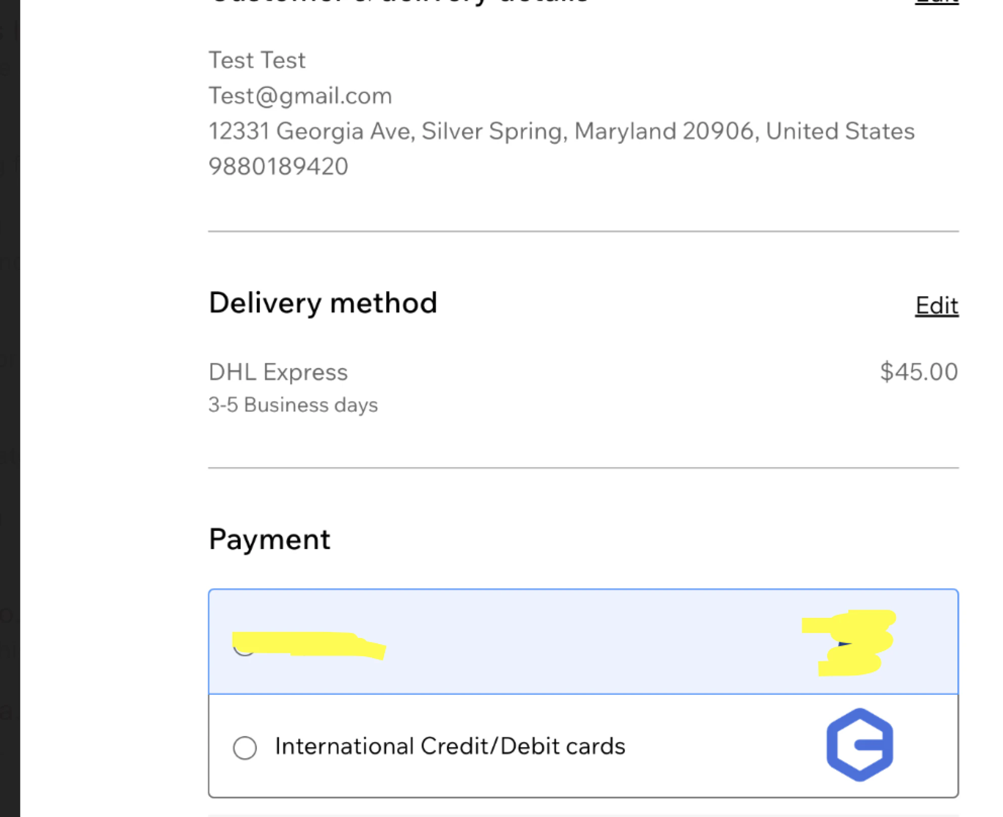 Wix checkout page showing PayGlocal as a payment option
