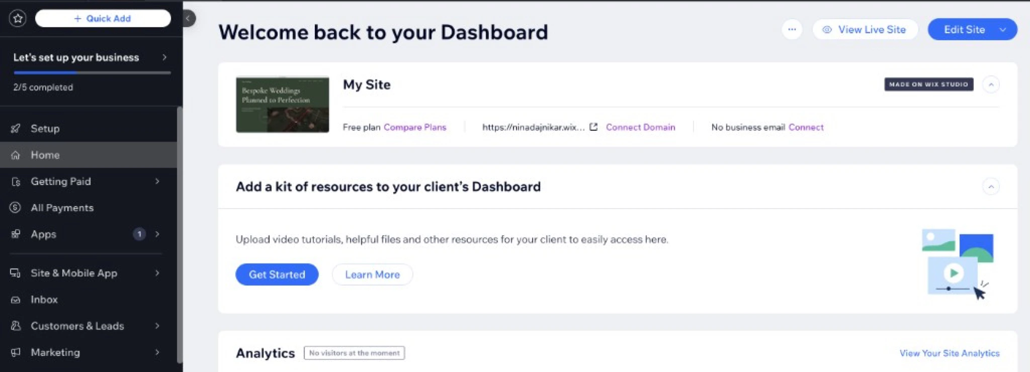 Wix Dashboard — click Edit Site