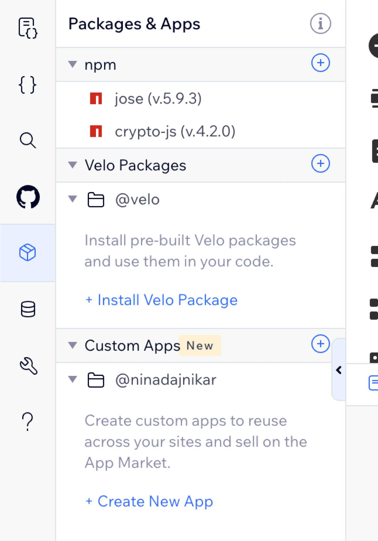 Wix Packages and Apps panel with jose and crypto-js installed