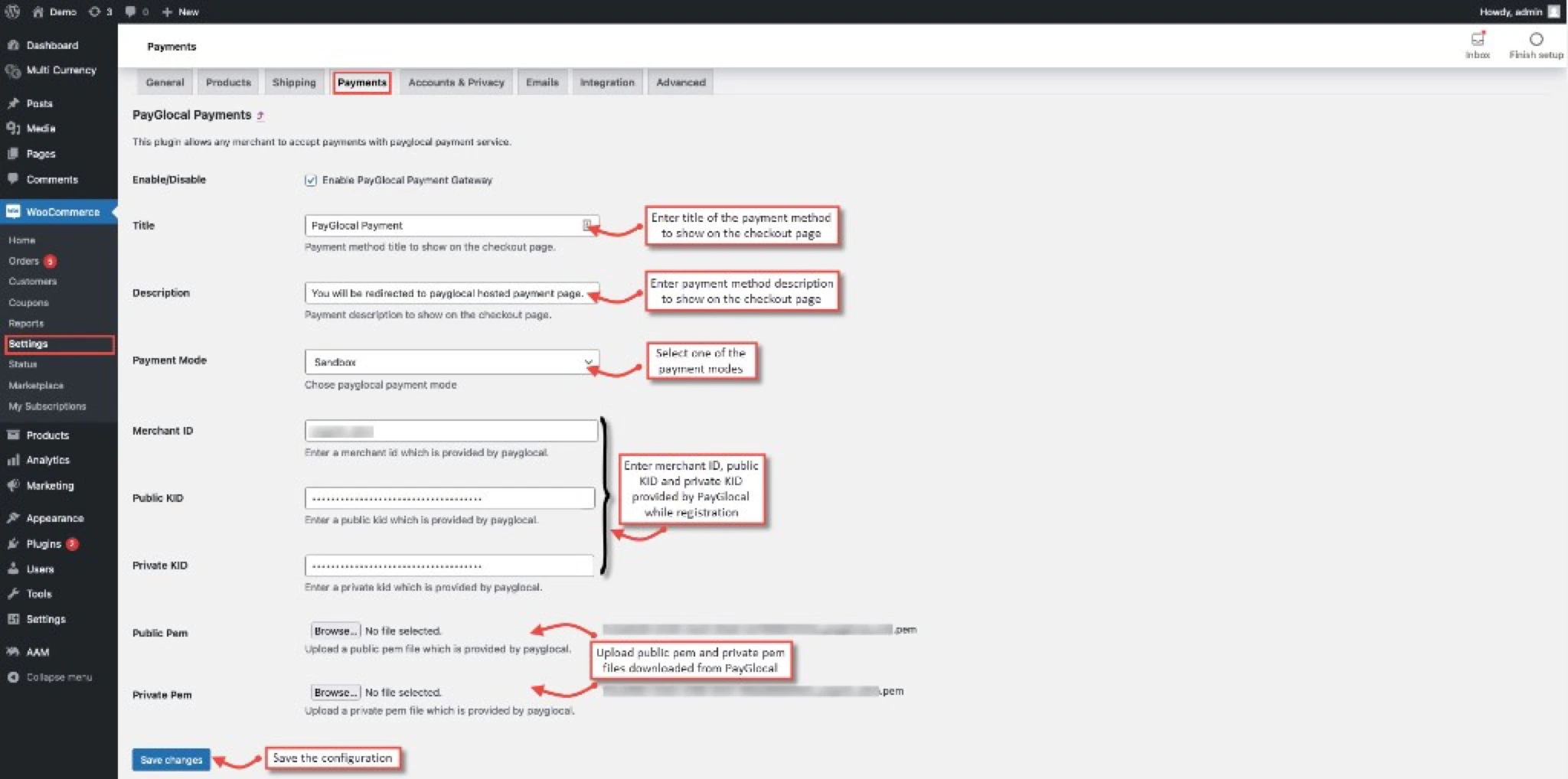 PayGlocal WooCommerce plugin configuration form