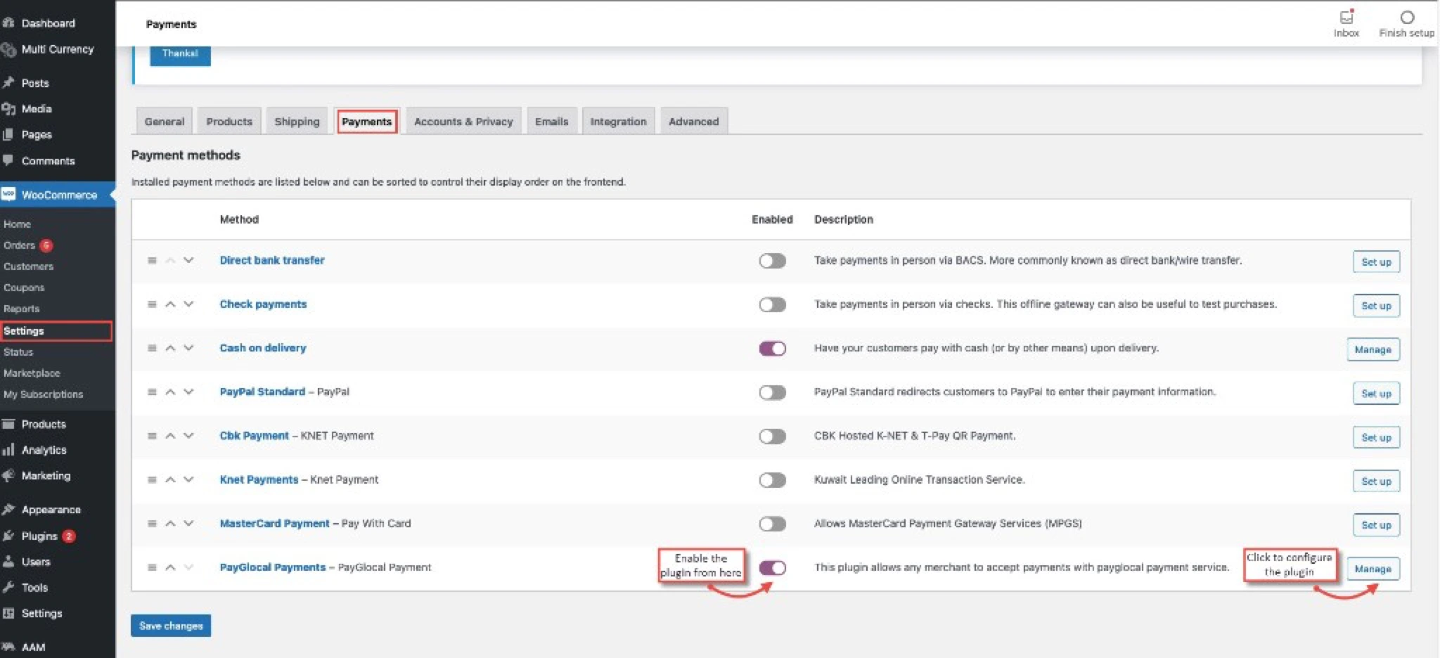 WooCommerce Payments settings with PayGlocal enabled and Manage highlighted