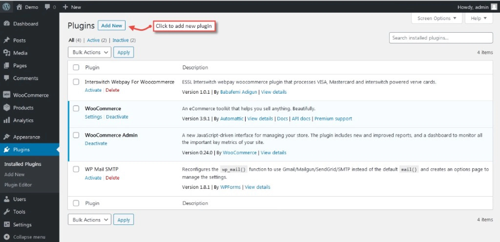 WordPress Plugins screen with Add New highlighted
