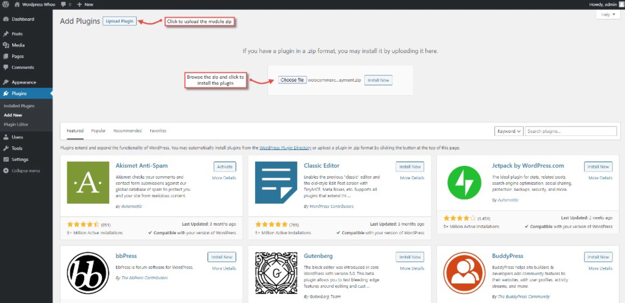 WordPress Add Plugins screen showing Upload Plugin and Install Now