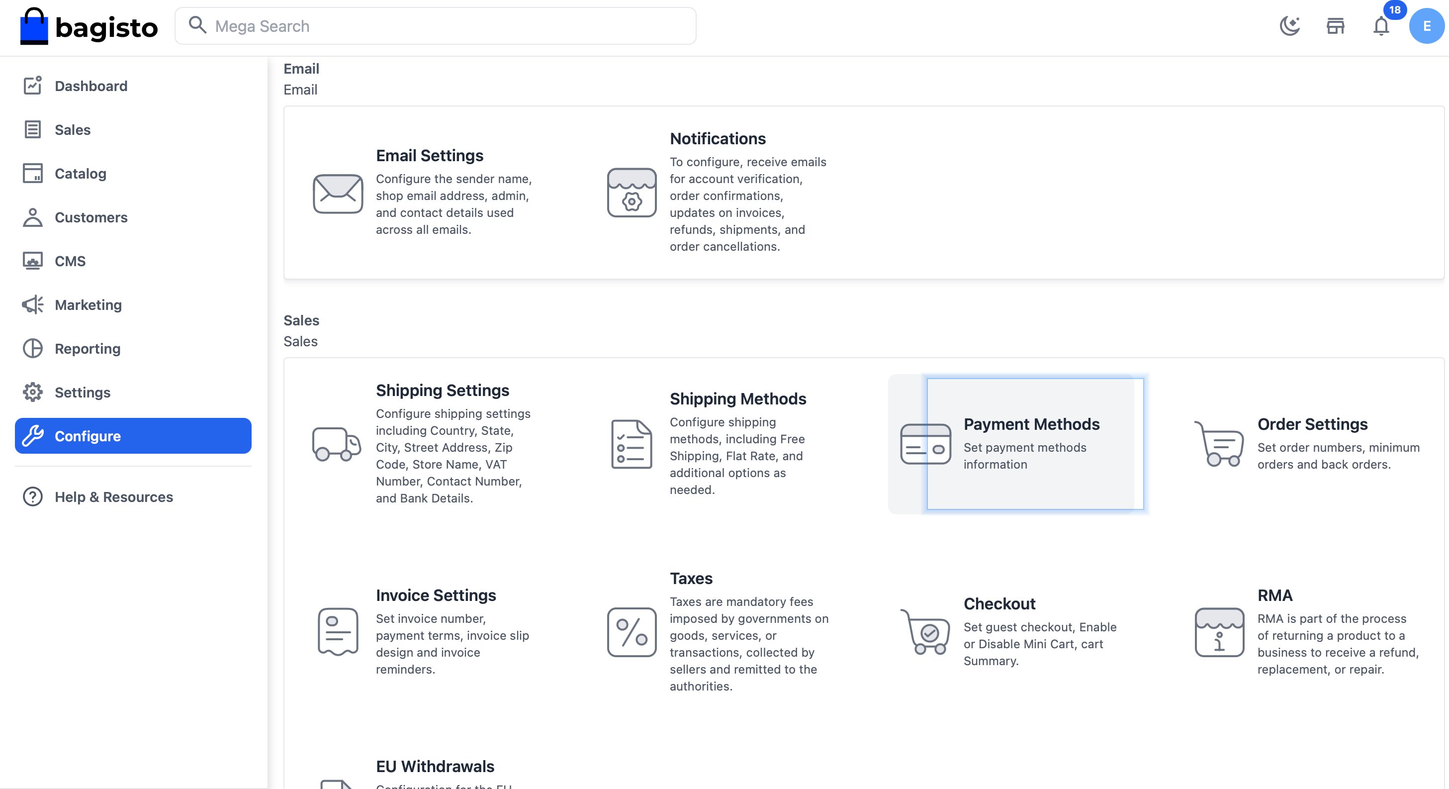 Bagisto configuration page showing Payment Methods option highlighted under Sales section