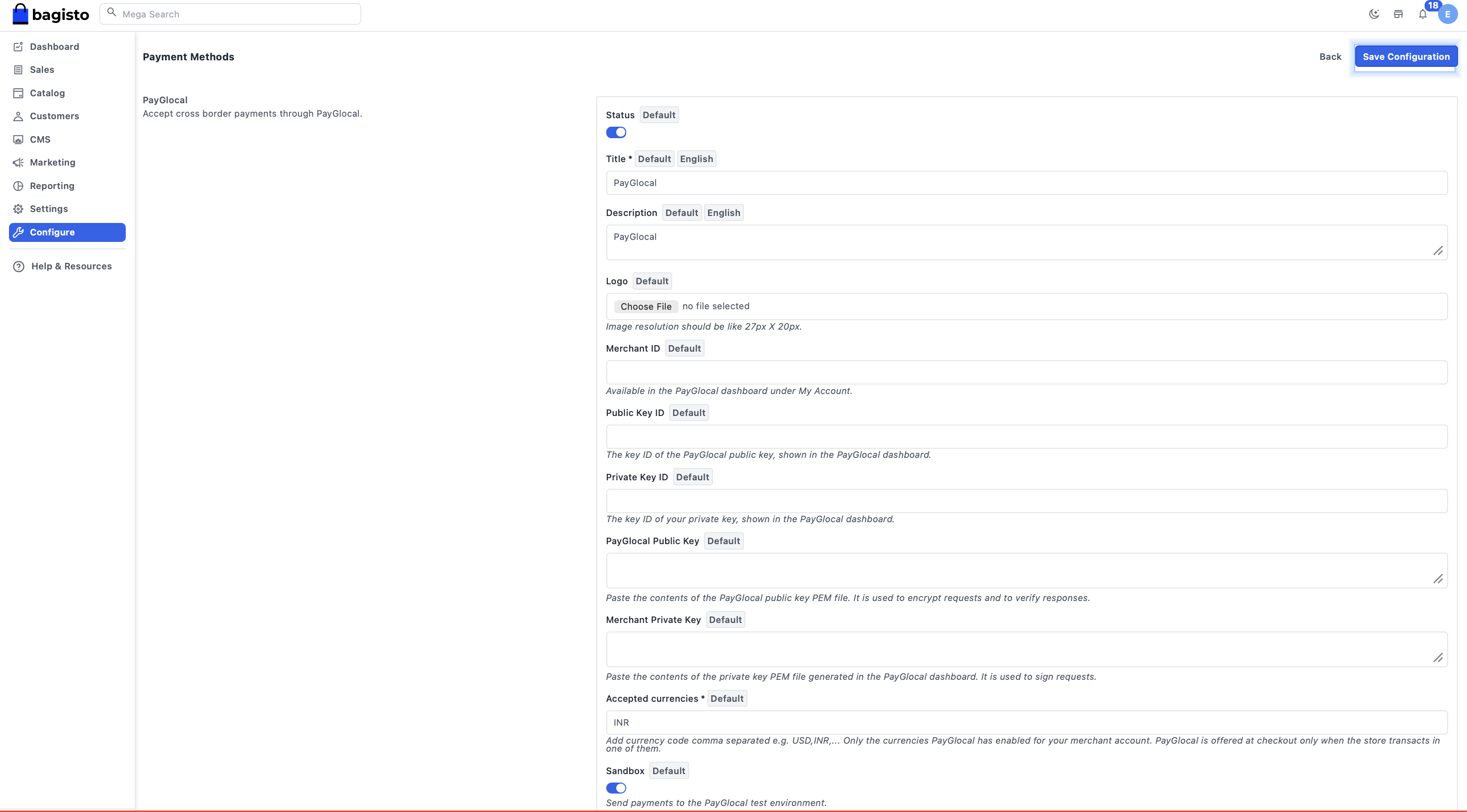PayGlocal configuration form in Bagisto with Save Configuration button highlighted