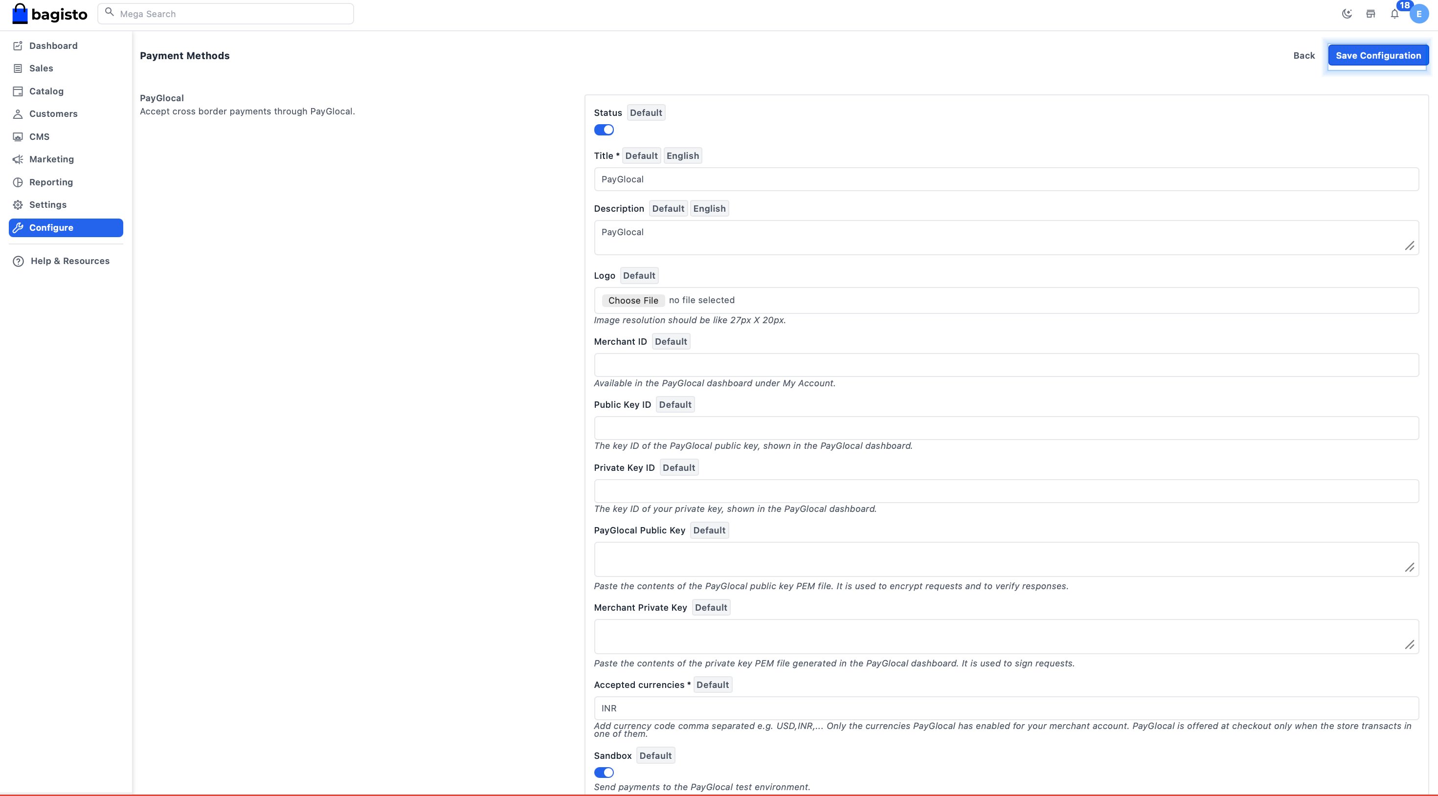 PayGlocal configuration form in Bagisto with Save Configuration button highlighted