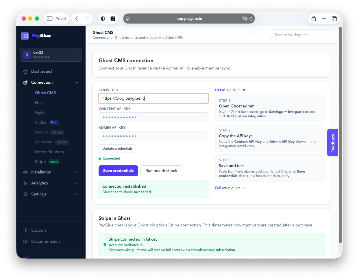 Payglue Ghost Cms Connection