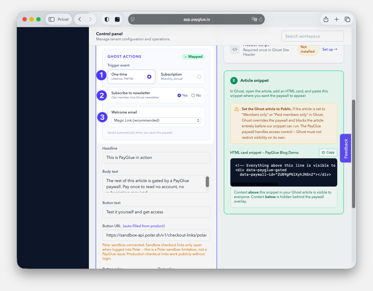 Payglue Ghost Cms Mapping