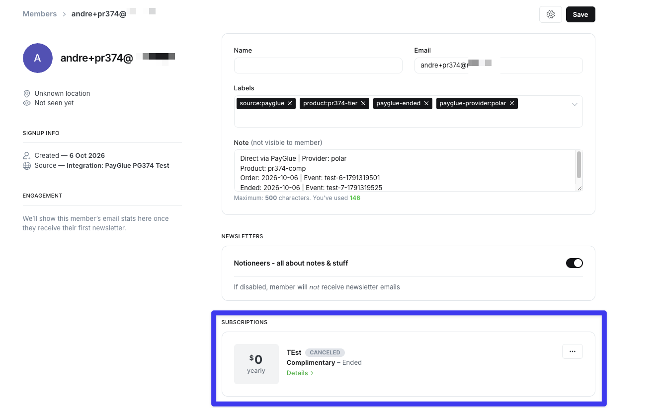 A Ghost member after a PayGlue cancellation: labels source:payglue, product, payglue-ended and the provider label; a note with the order and the ending; a zero-amount Complimentary subscription marked Canceled
