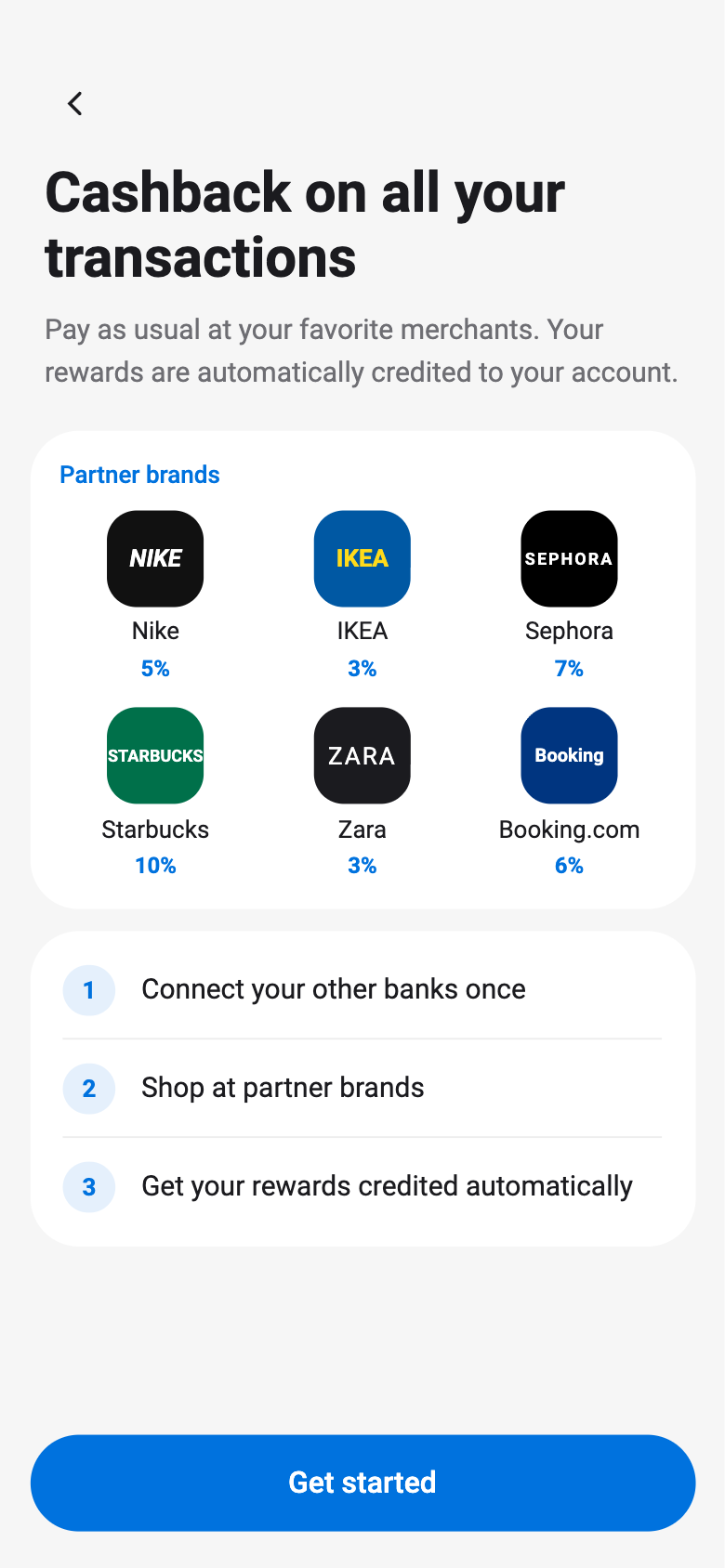 Mobile screen titled Cashback on all your transactions, showing six partner Brand logos with their Cashback rates, three steps explaining how the service works, and a Get started button