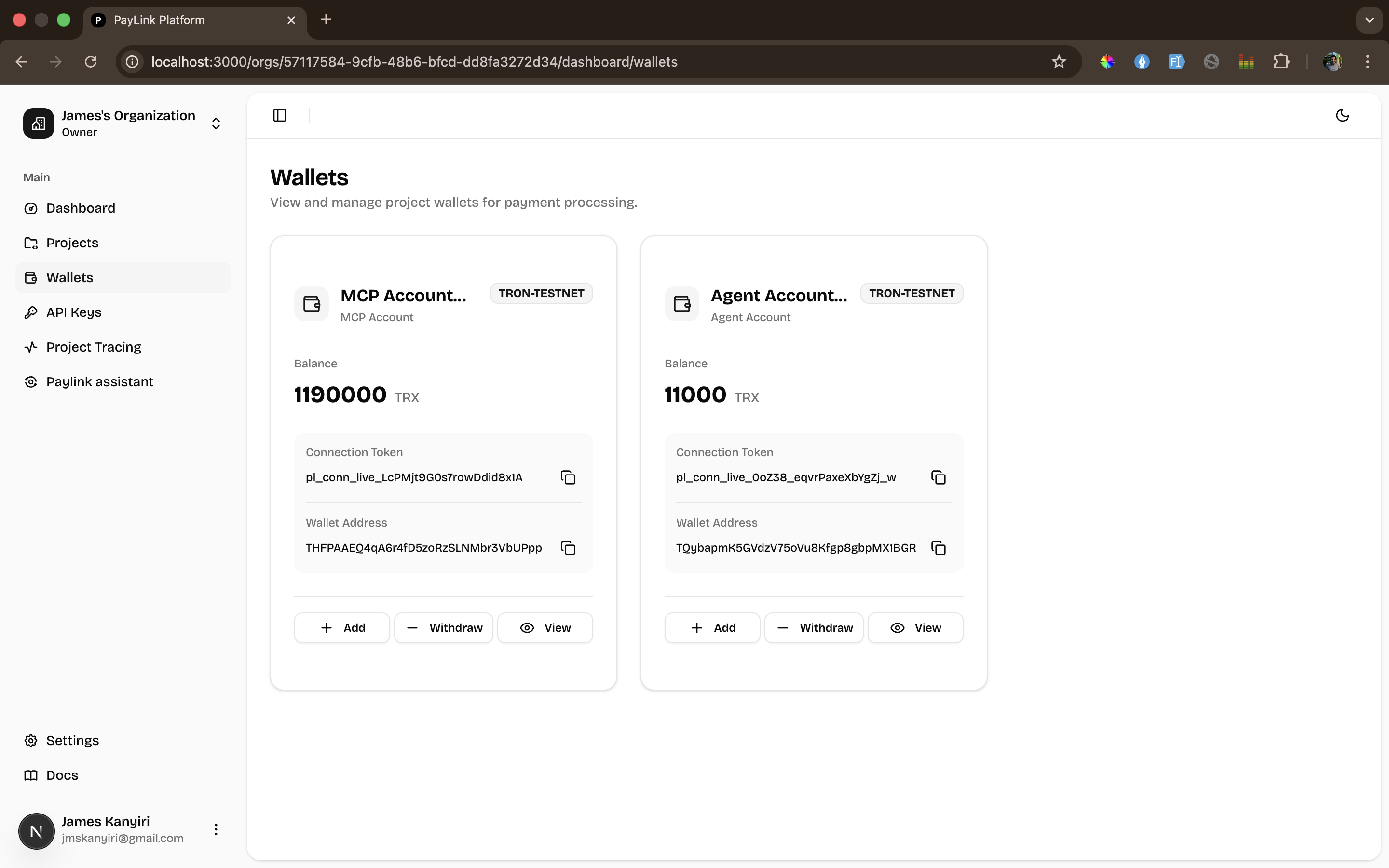 Wallet dashboard showing connection tokens