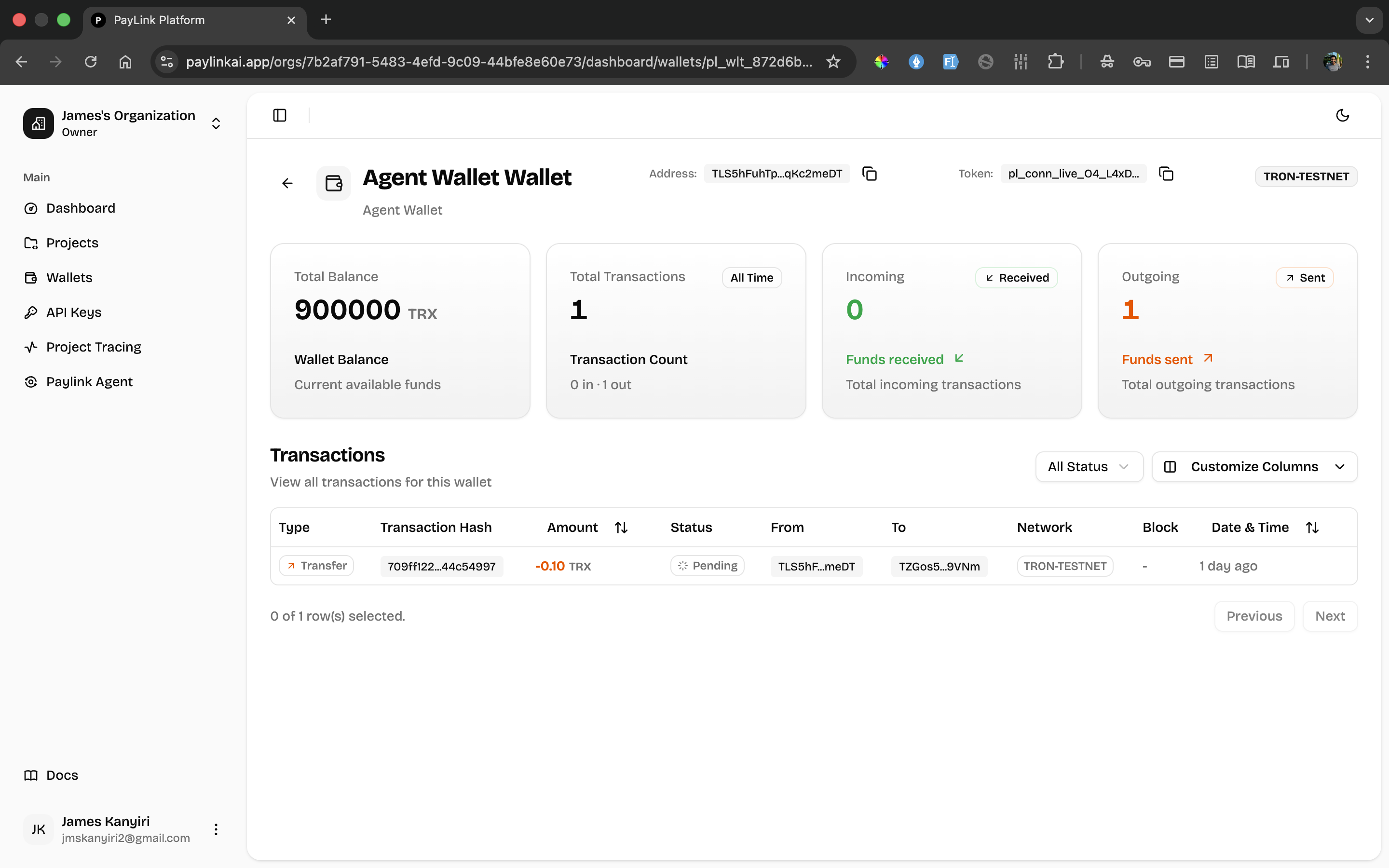 Agent wallet dashboard showing outgoing payments to MCP servers