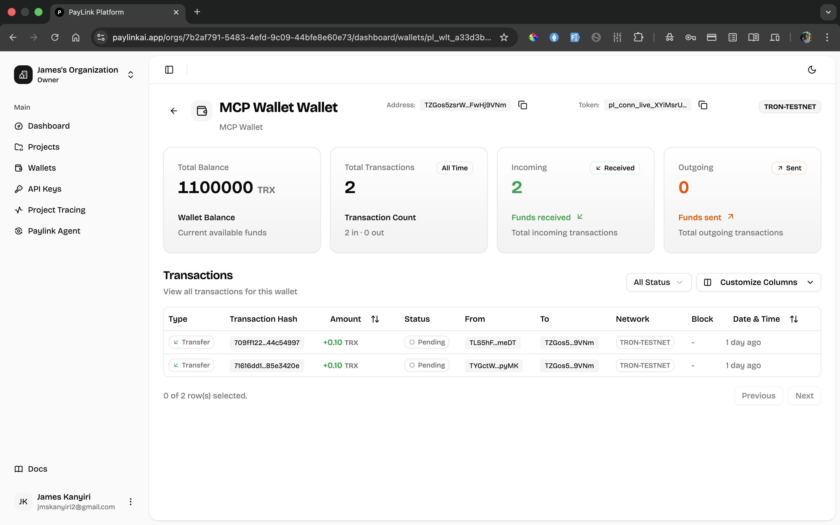 MCP wallet dashboard showing incoming payments from agents