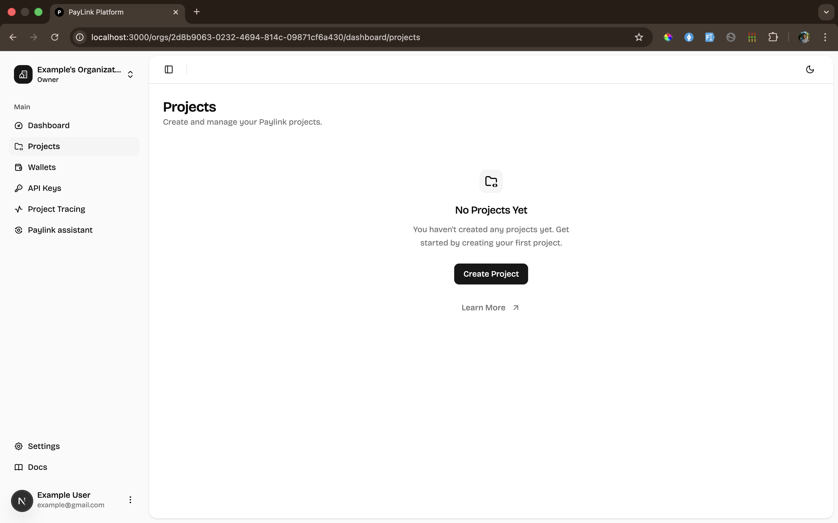 Create project screen in PayLink dashboard