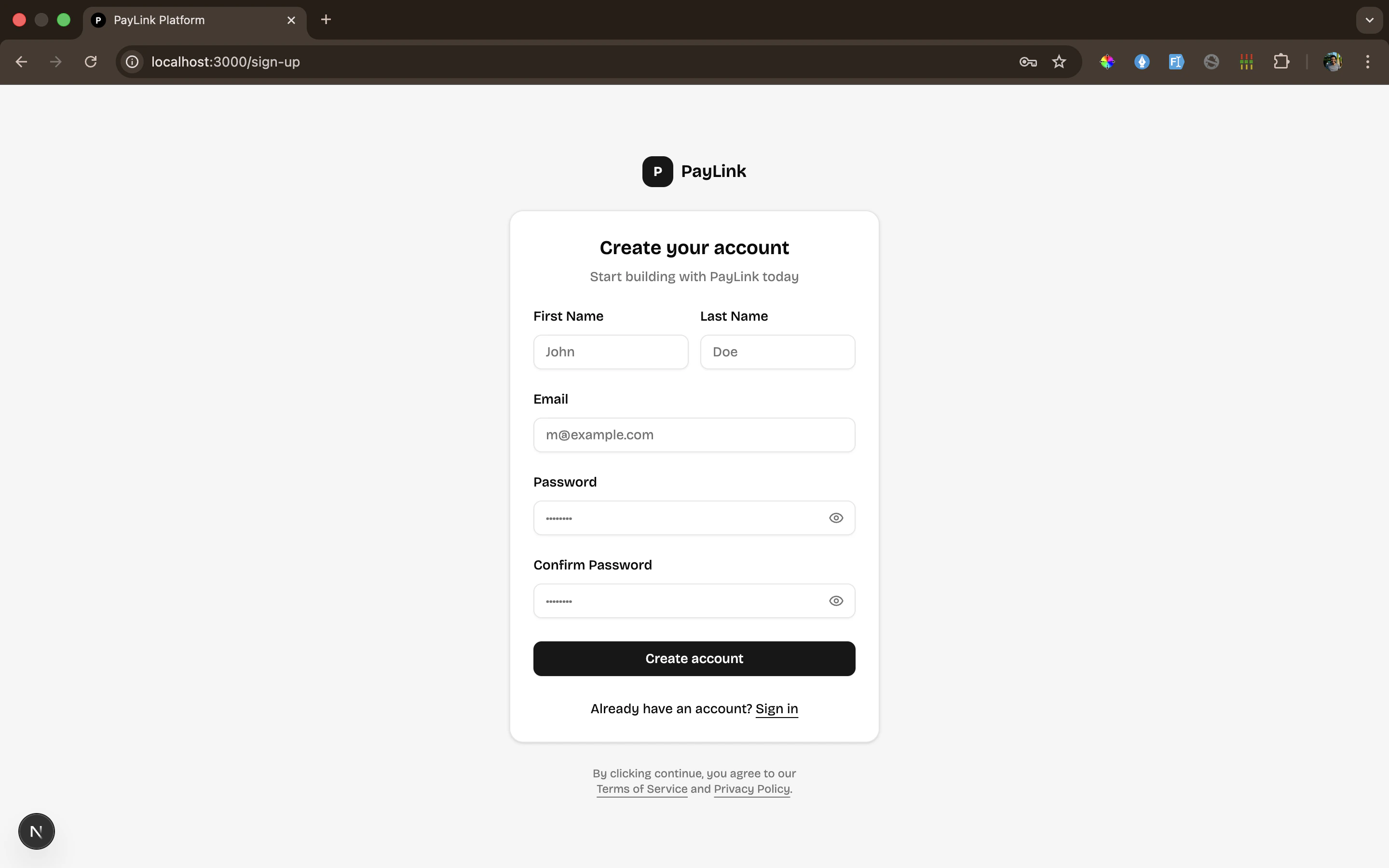 PayLink Dashboard sign up
