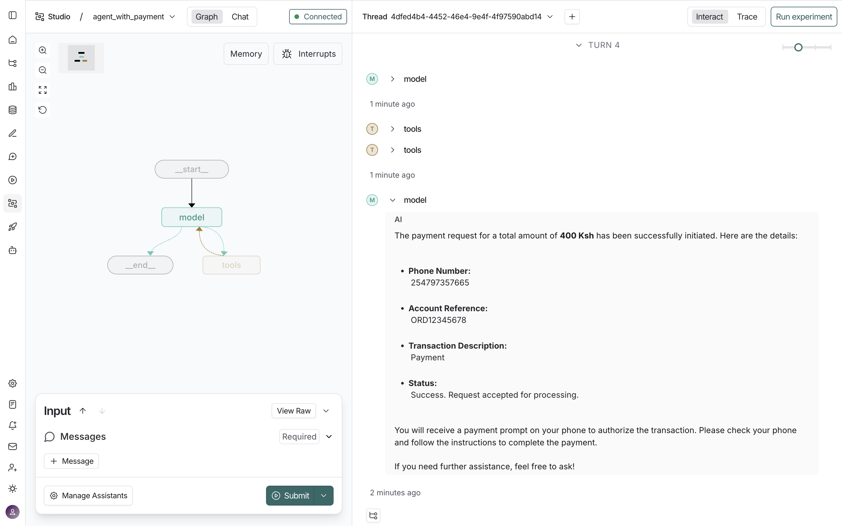 Example agent response showing successful payment initiation