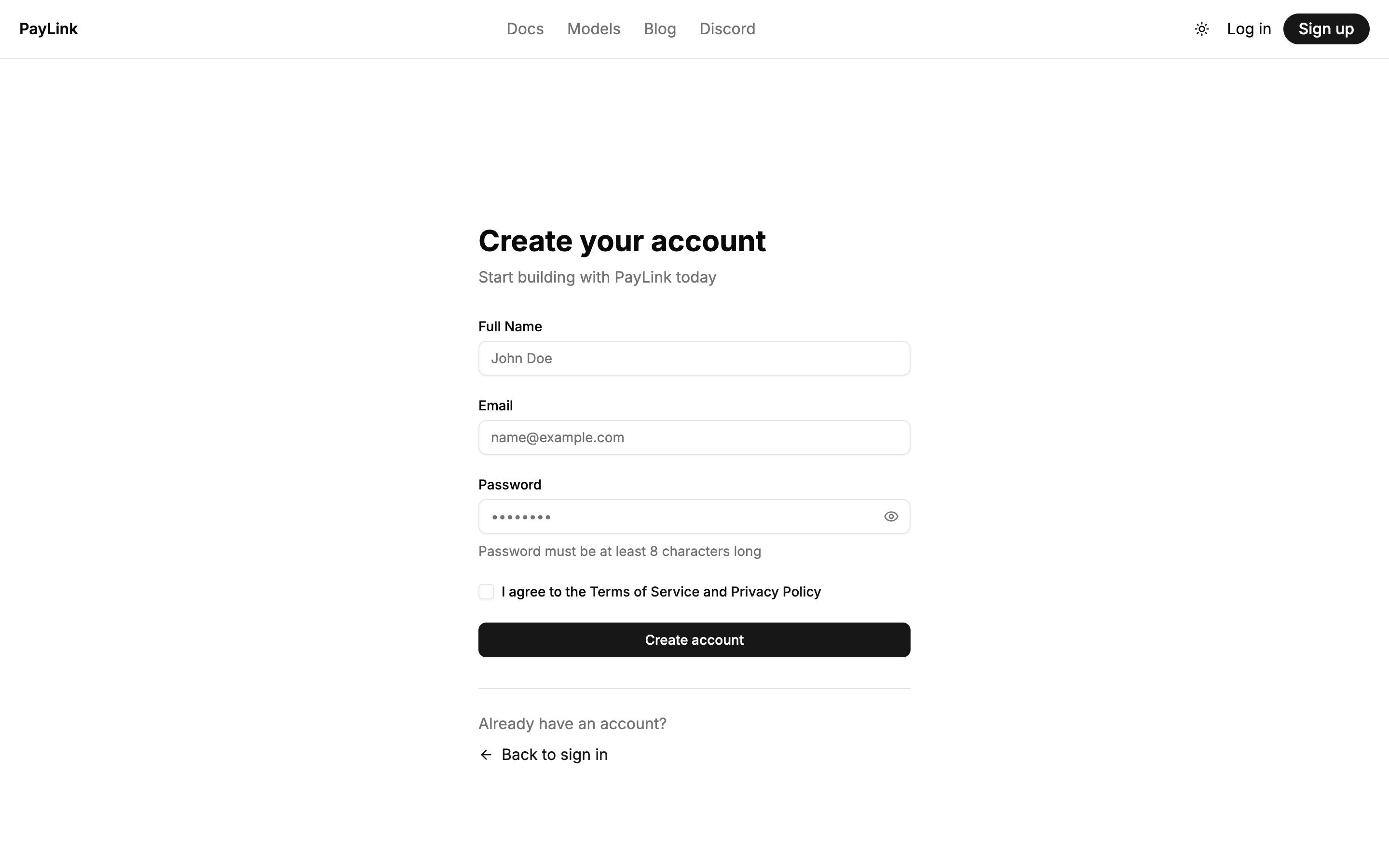 PayLink Sign Up Page