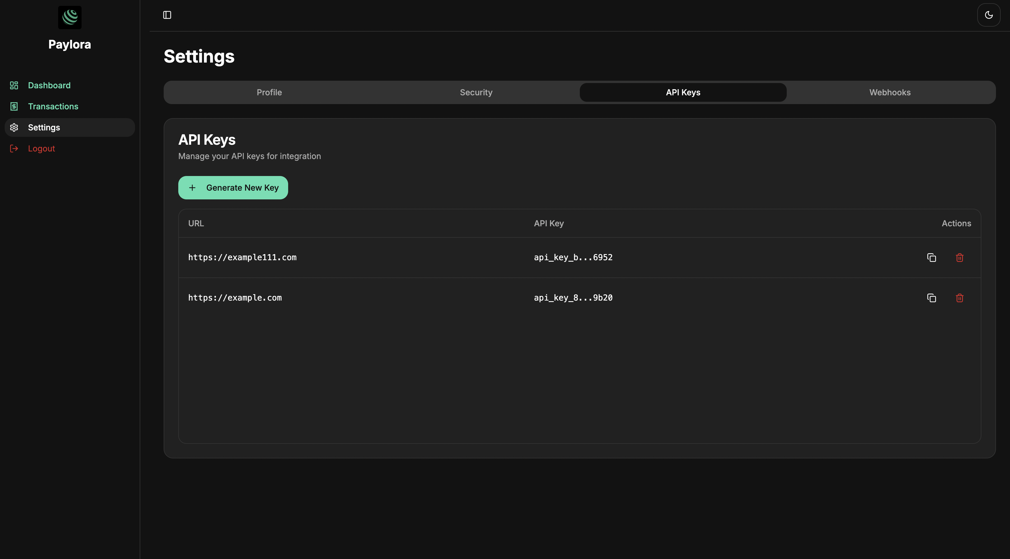 Screenshot of a api key creation page