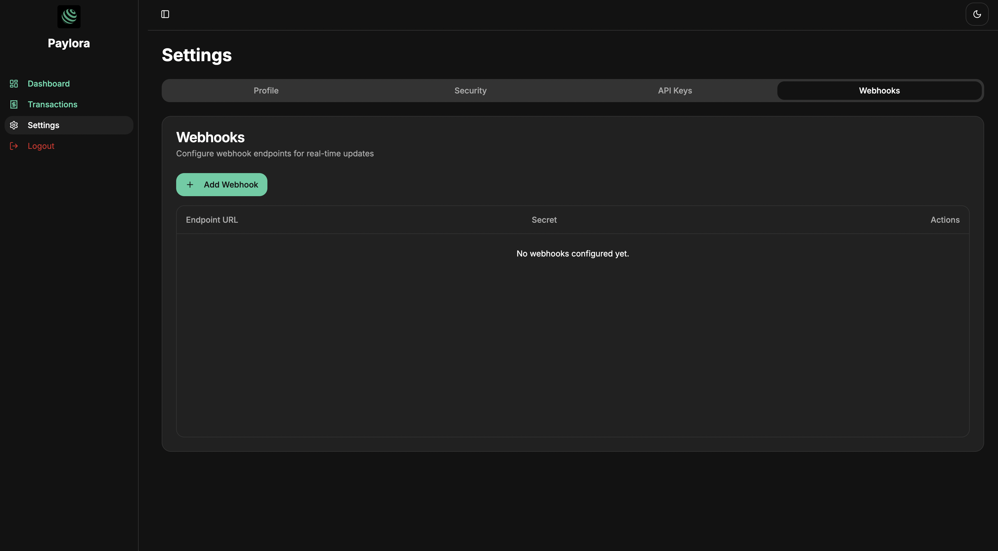 Screenshot of settings webhook page