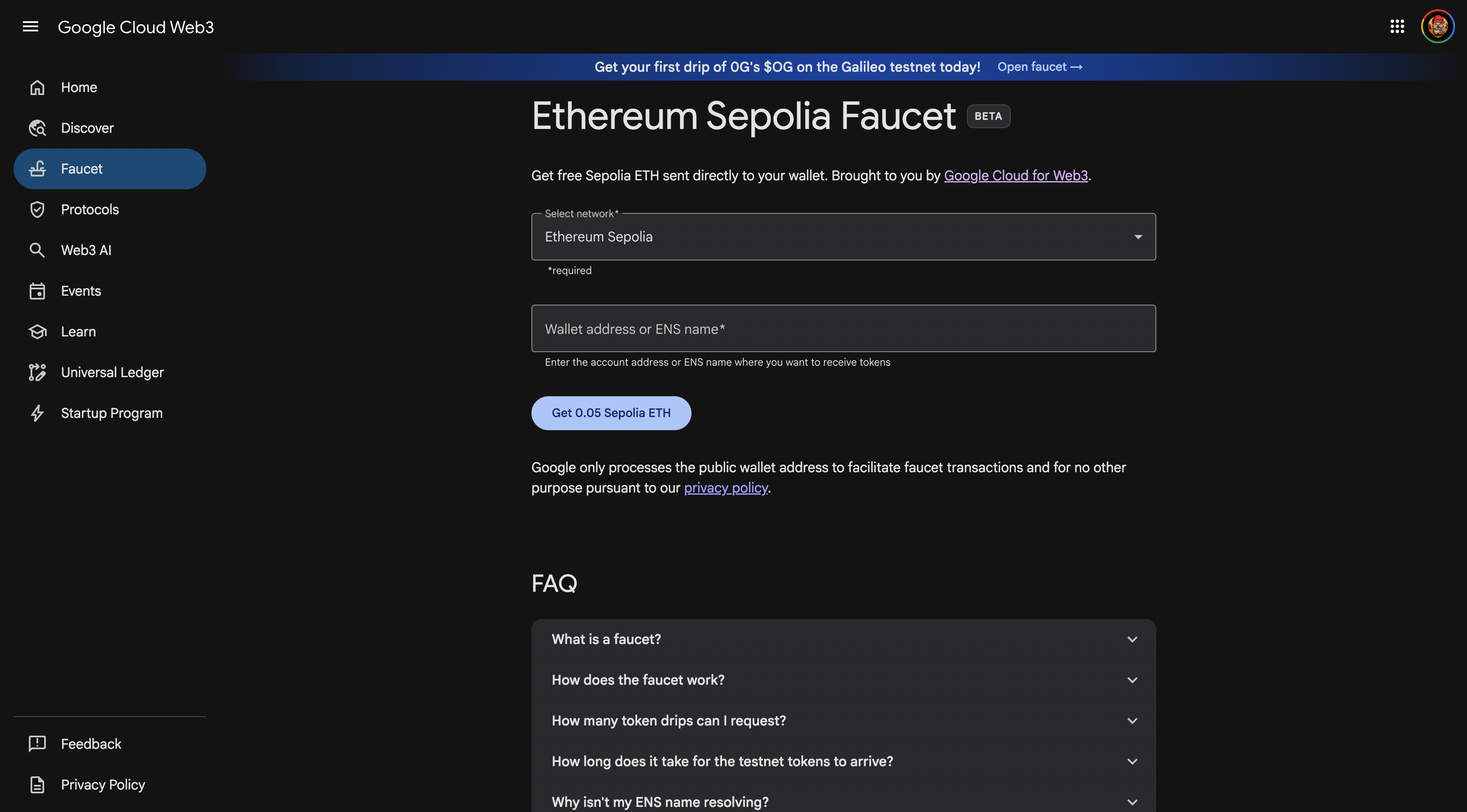 Ethereum Sepolia Faucet Page