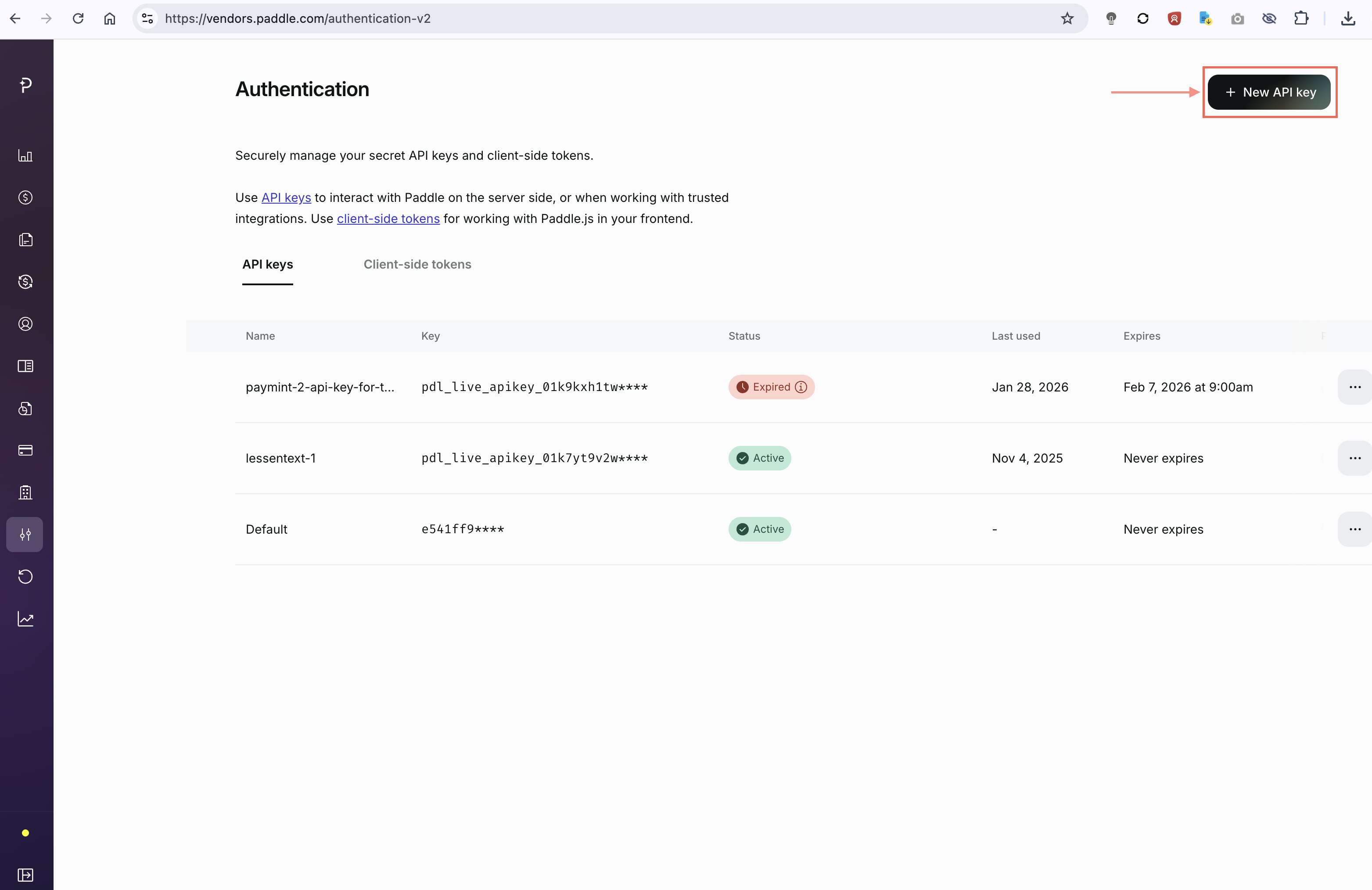 Paddle Authentication page showing the + New API key button