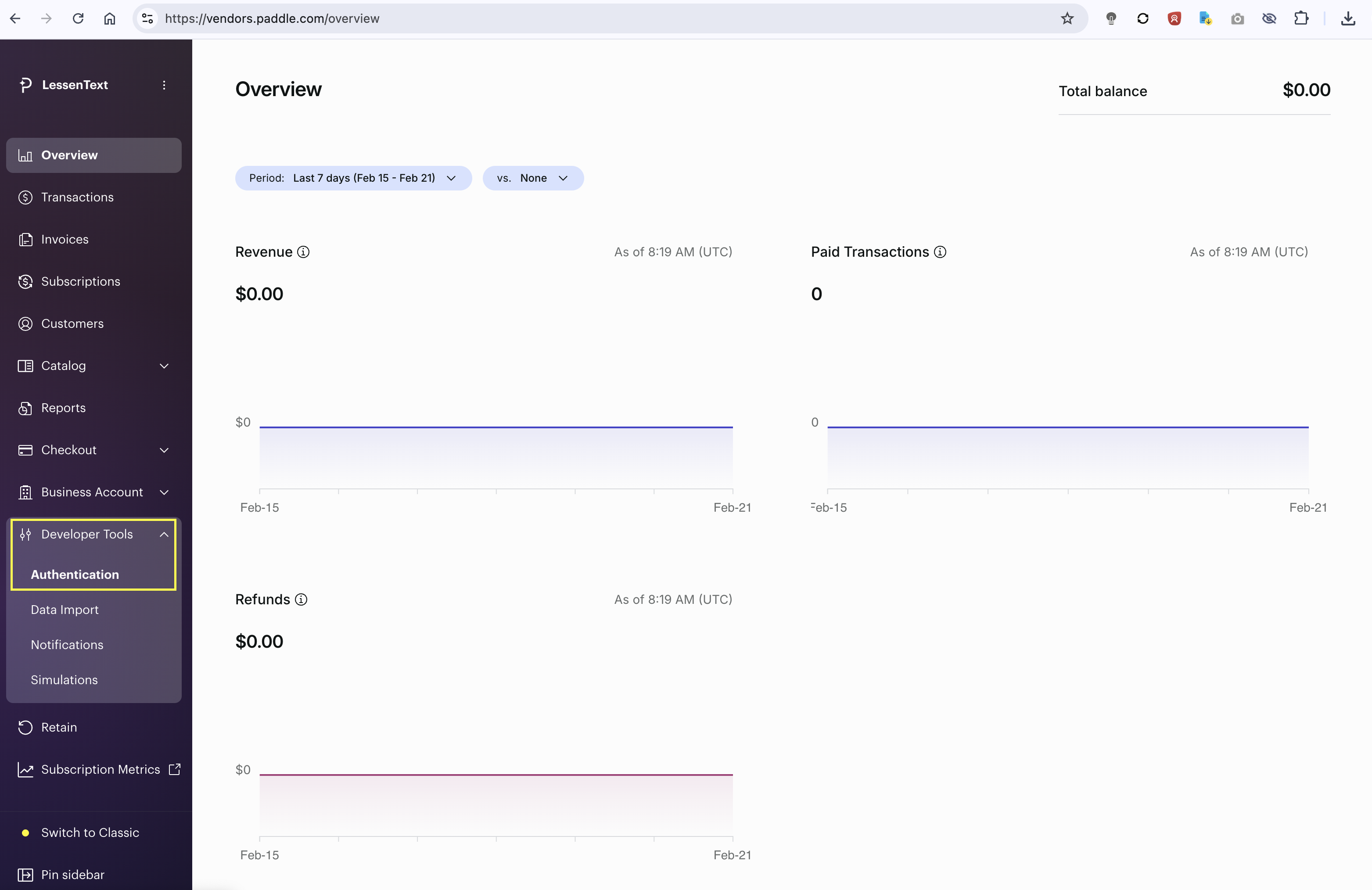 Paddle sidebar showing Developer Tools expanded with Authentication highlighted