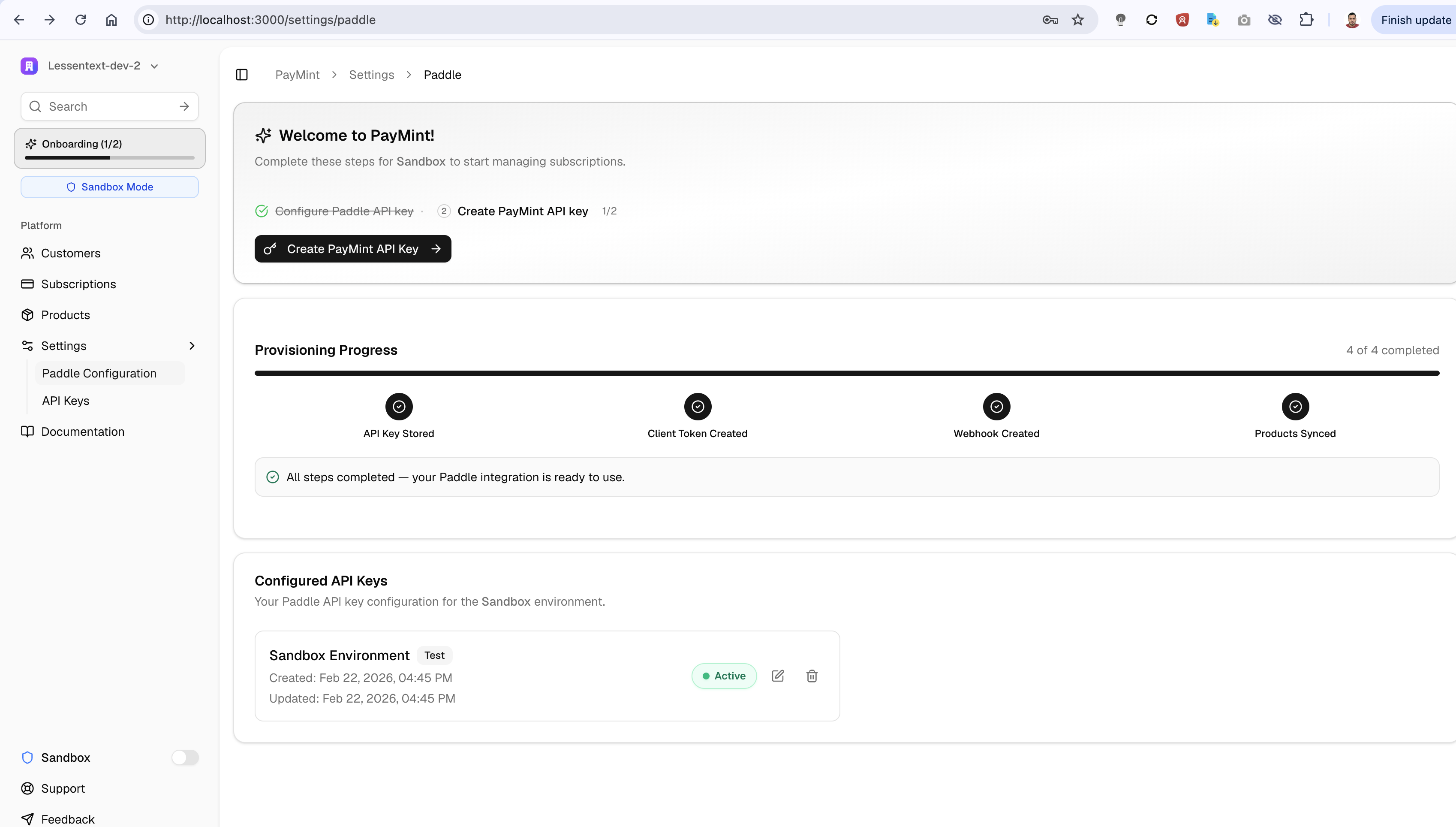 Paymint showing all 4 provisioning steps completed with configured API key details