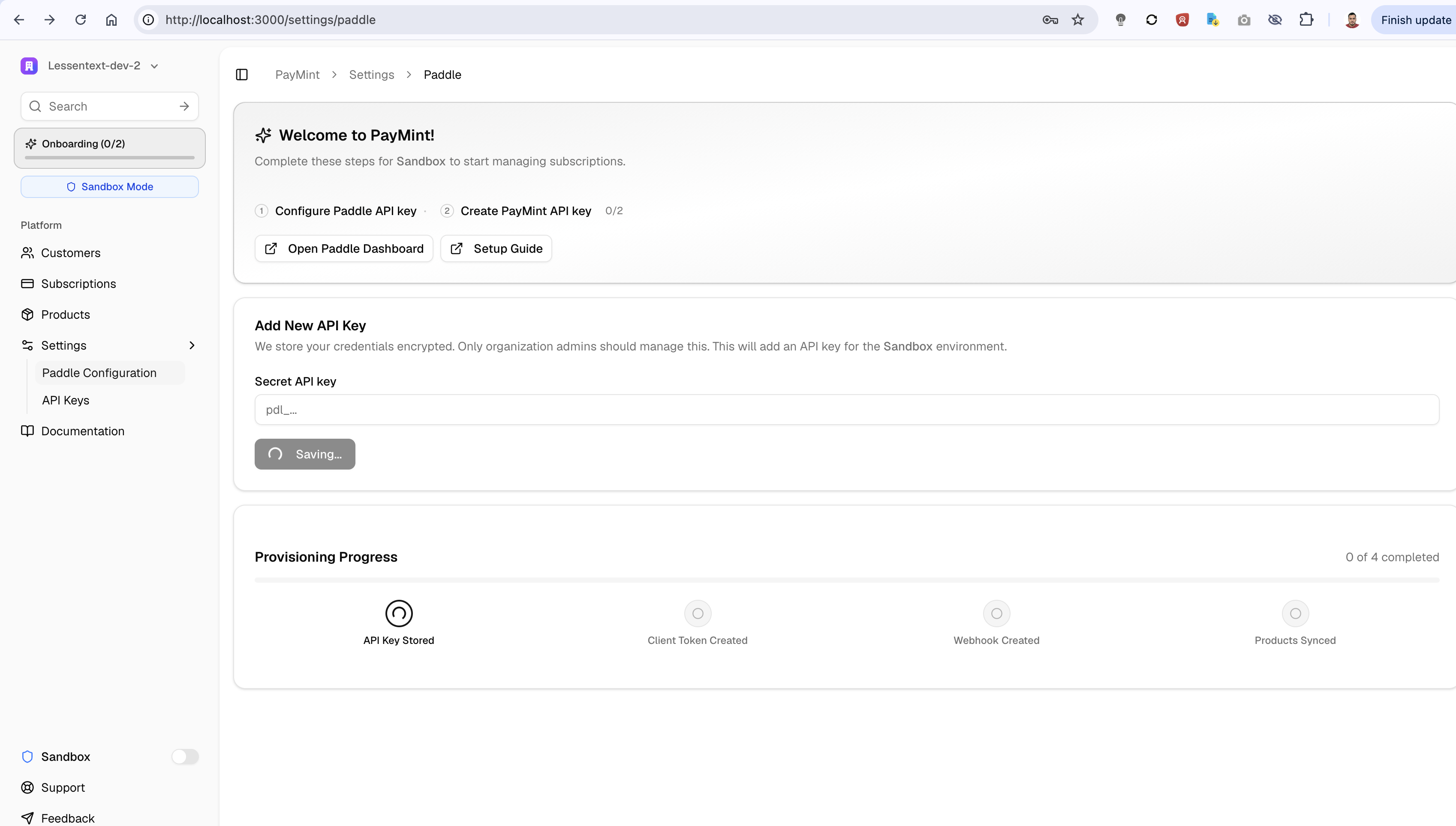 Paymint Paddle Configuration page with API key entered and Save button ready