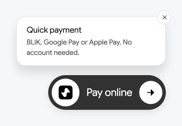 The “Quick payment” bubble with the text “BLIK, Google Pay or Apple Pay. No account needed.” above the “Pay online” button