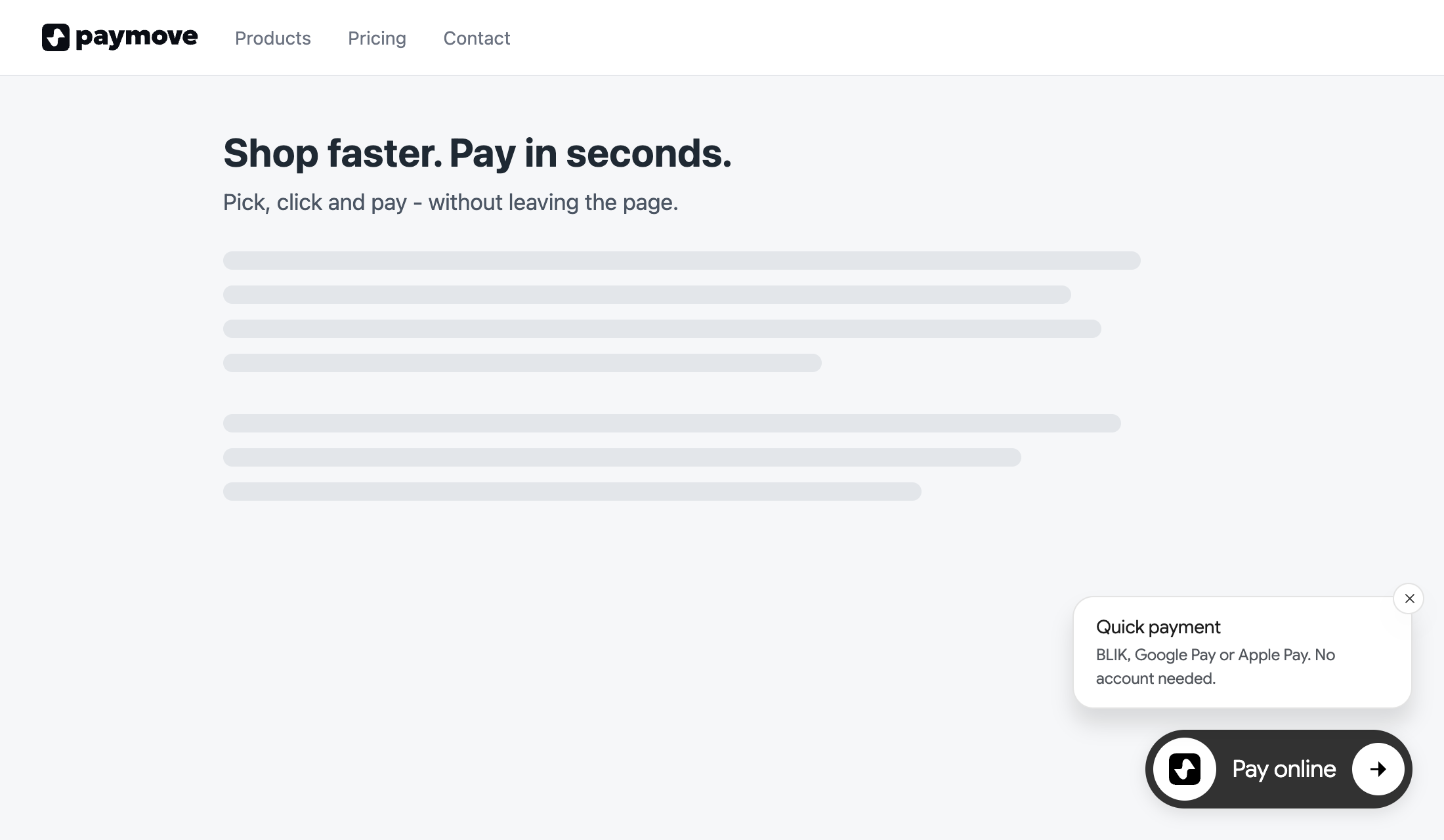 A page with the “Pay online” widget button and the “Quick payment” bubble in the bottom-right corner