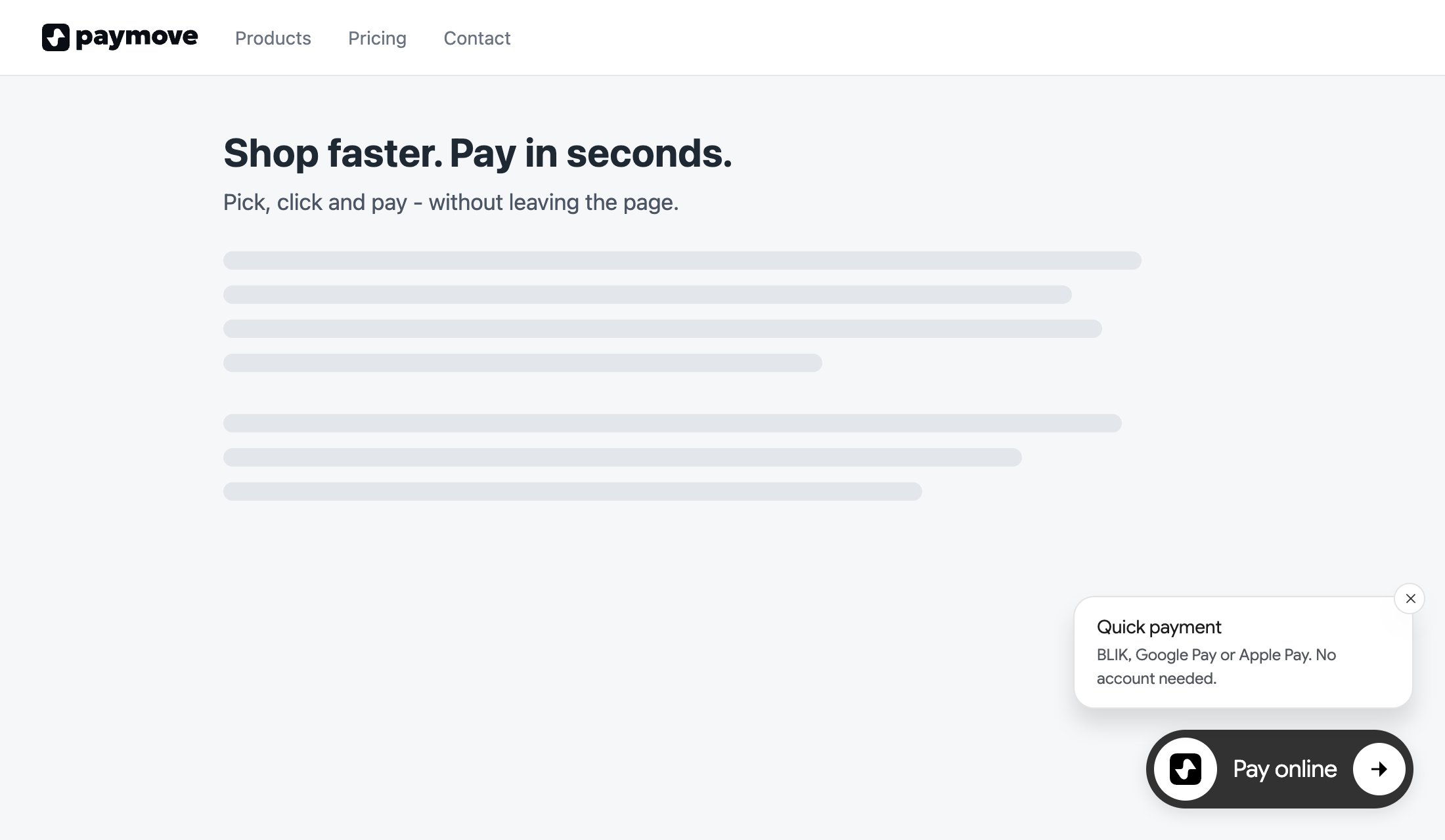 A page with the “Pay online” widget button and the “Quick payment” bubble in the bottom-right corner