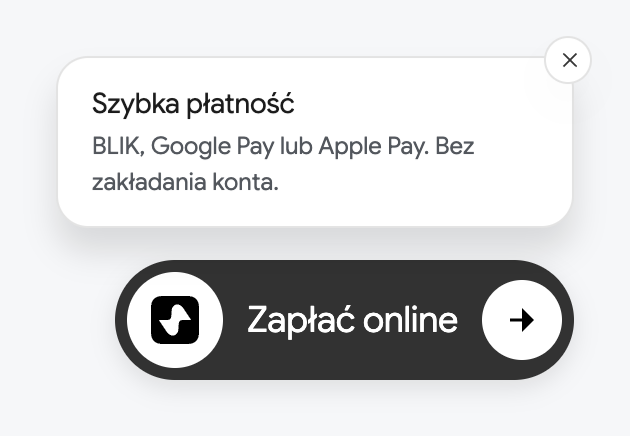 Dymek „Szybka płatność” z opisem „BLIK, Google Pay lub Apple Pay. Bez zakładania konta.” nad przyciskiem „Zapłać online”