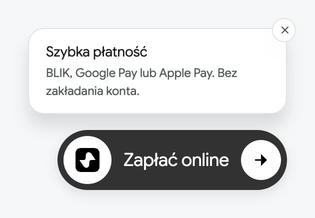 Dymek „Szybka płatność” z opisem „BLIK, Google Pay lub Apple Pay. Bez zakładania konta.” nad przyciskiem „Zapłać online”