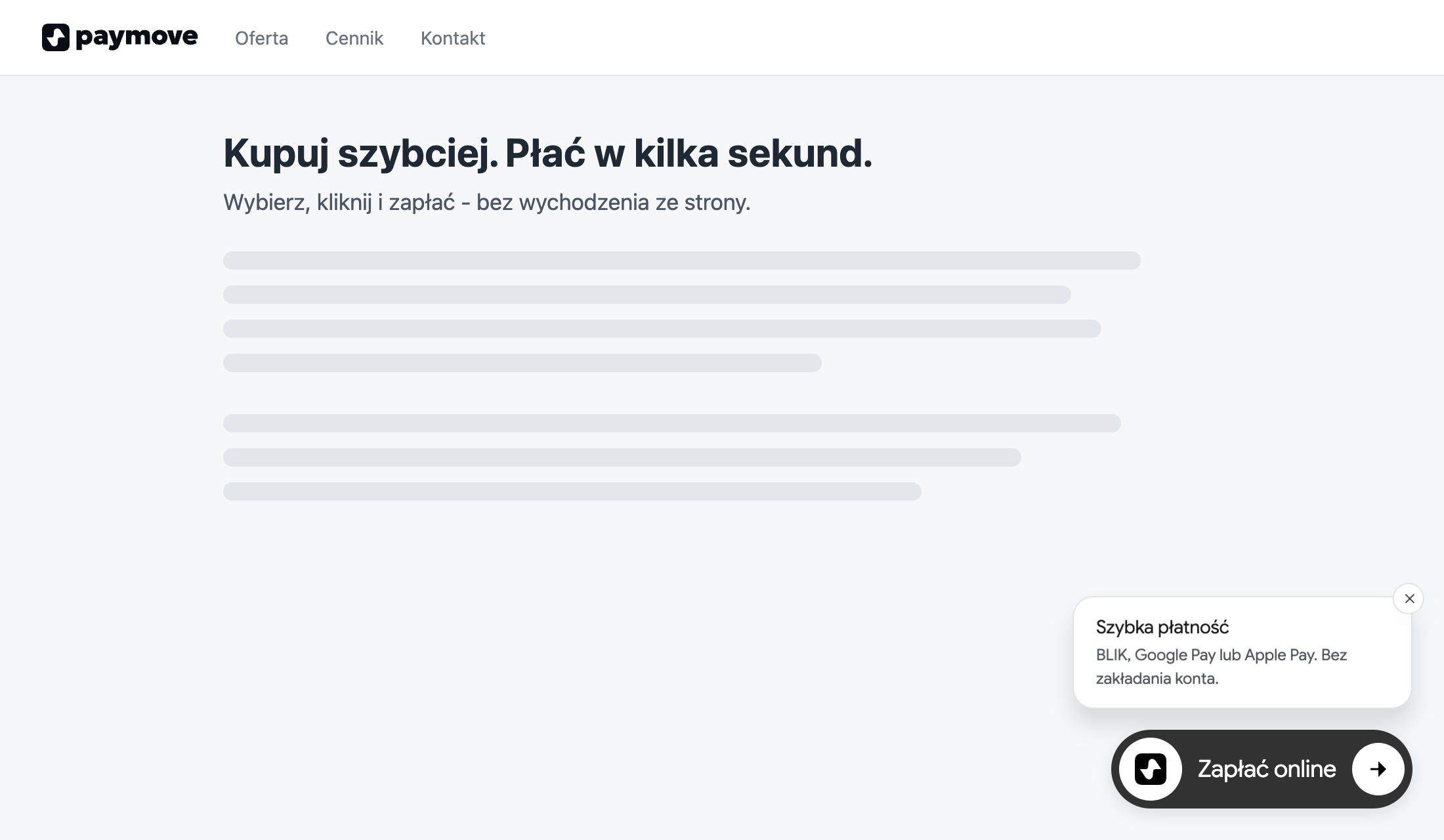 Strona z przyciskiem widgetu „Zapłać online” i dymkiem „Szybka płatność” w prawym dolnym rogu