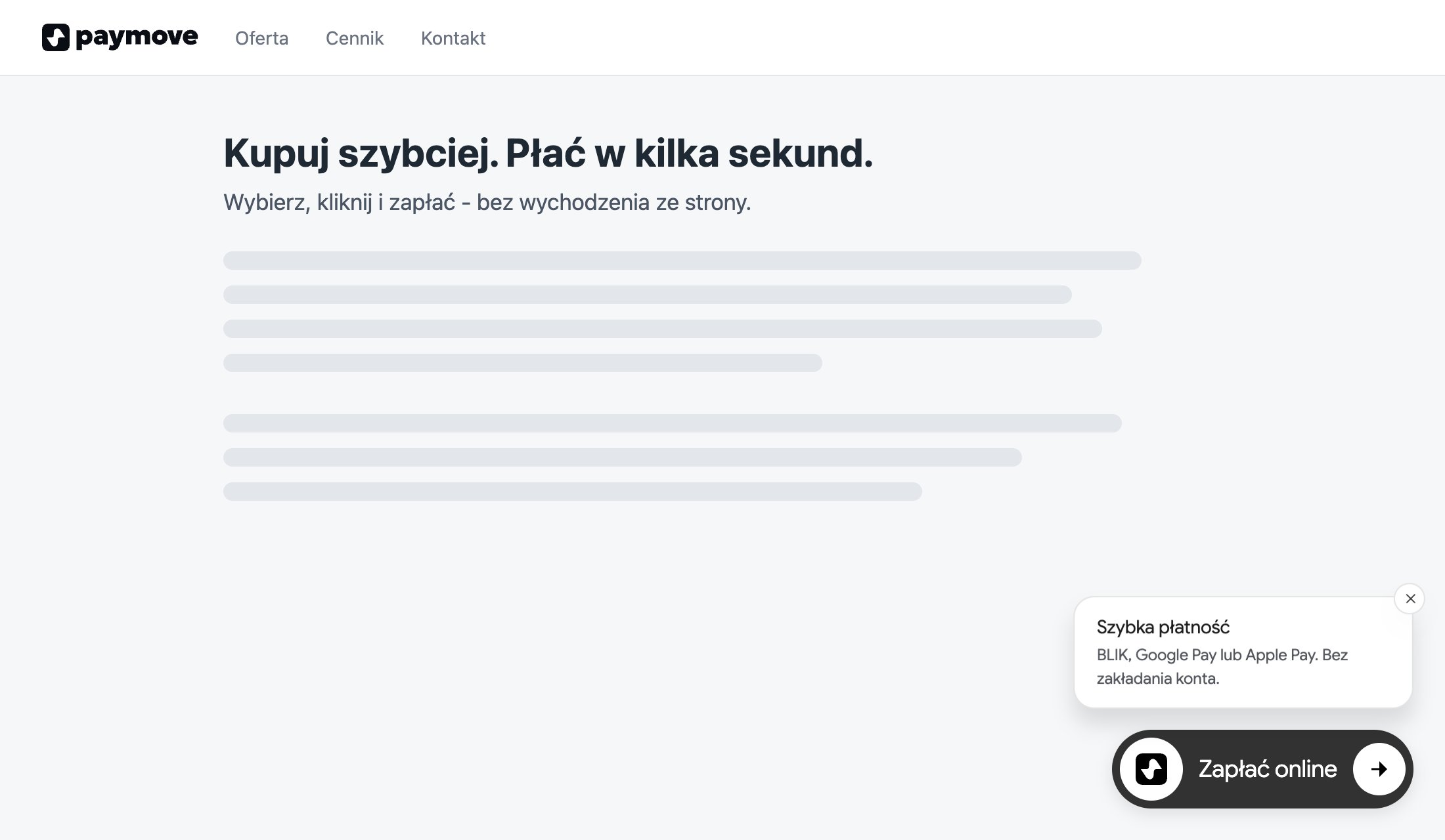 Strona z przyciskiem widgetu „Zapłać online” i dymkiem „Szybka płatność” w prawym dolnym rogu