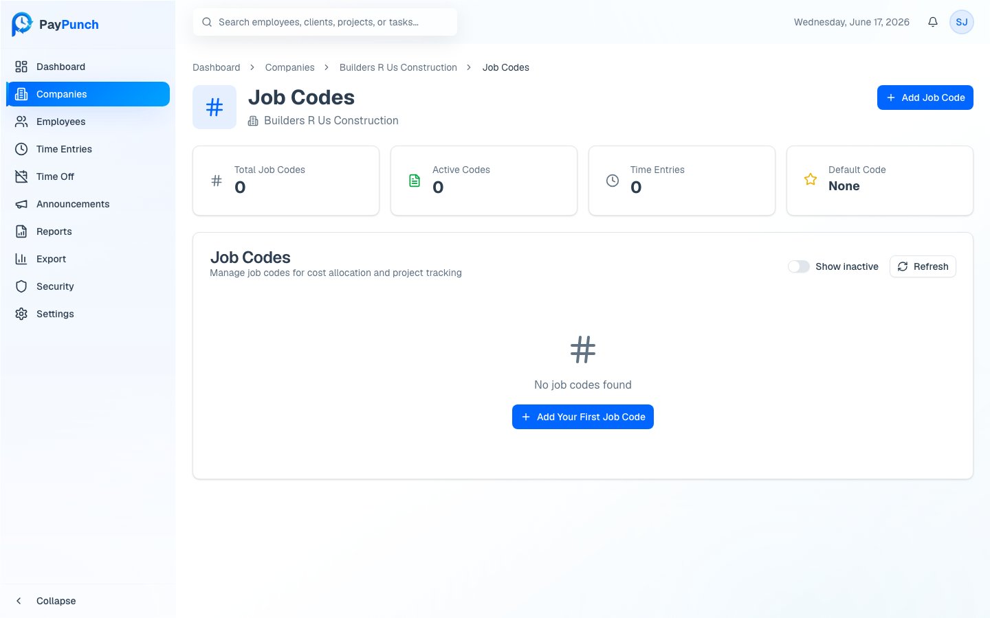 Job codes for a company