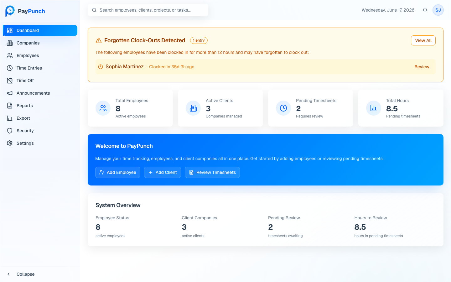 PayPunch admin dashboard