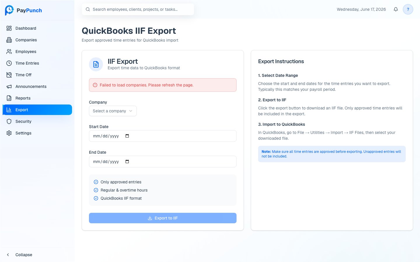 QuickBooks IIF export