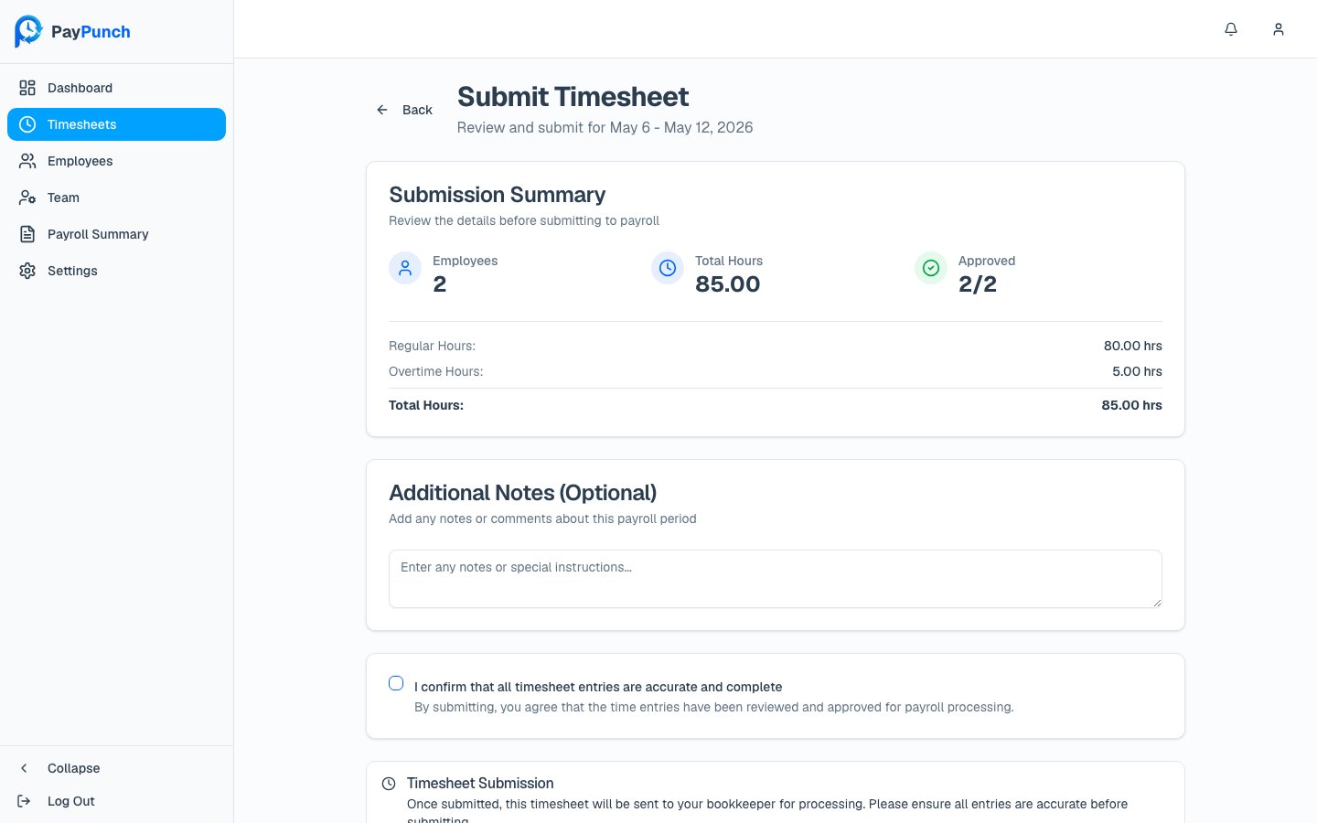 Submit timesheet review screen