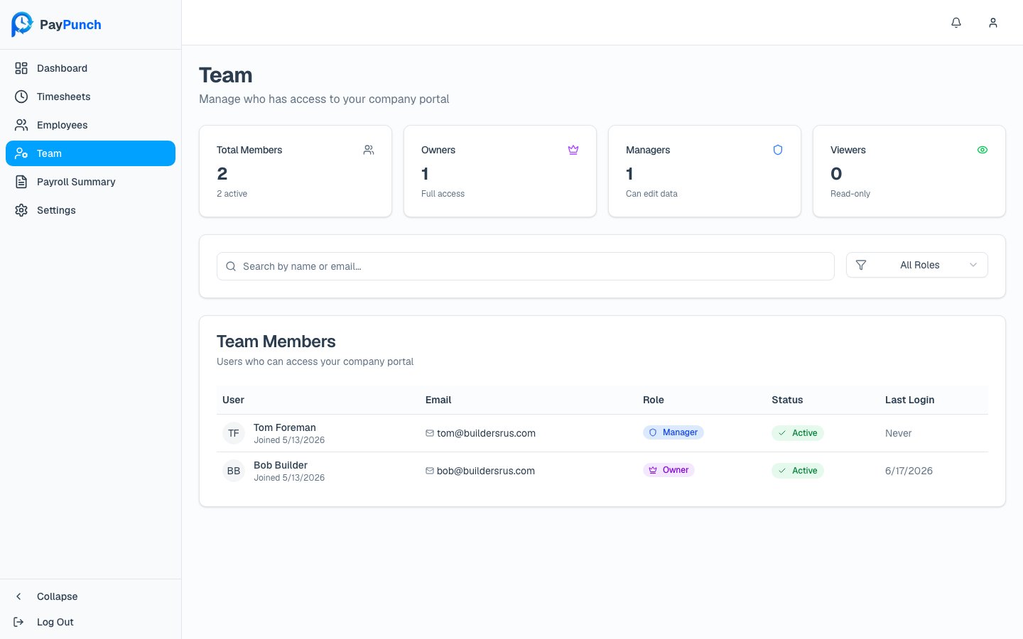 Company users / Team screen