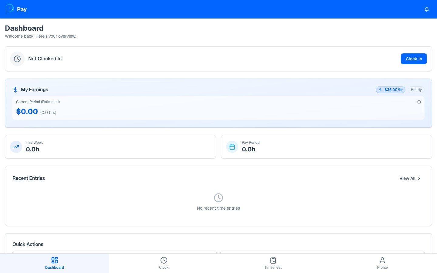Employee dashboard showing clock status, hours, and recent entries