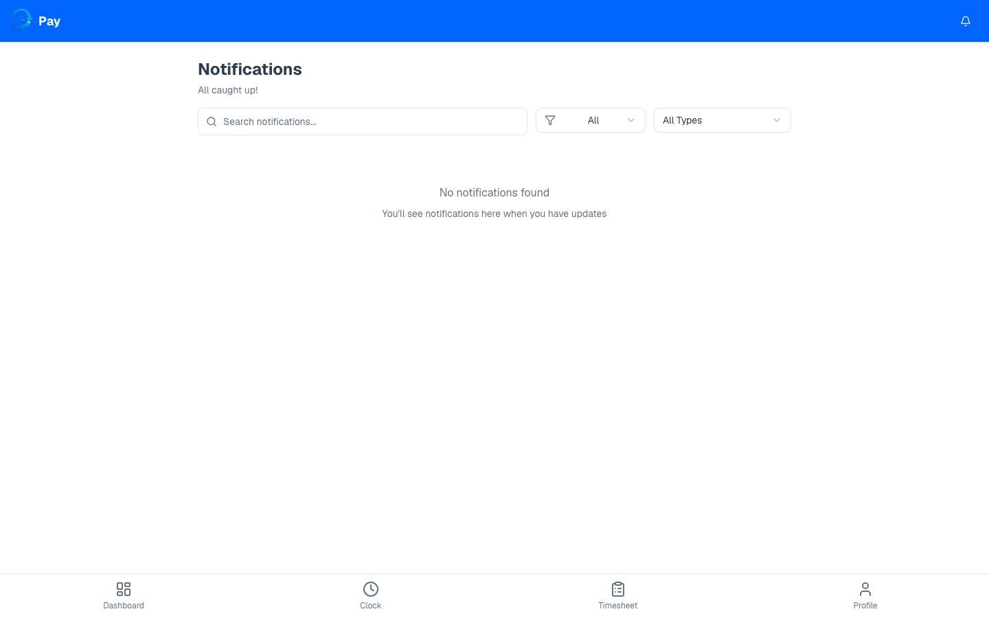 Notifications page with search, filters, and a list of notifications