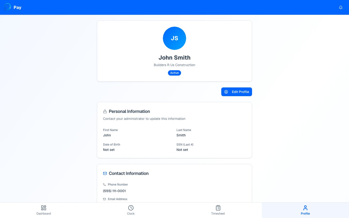 Employee profile page with personal, contact, and employment sections