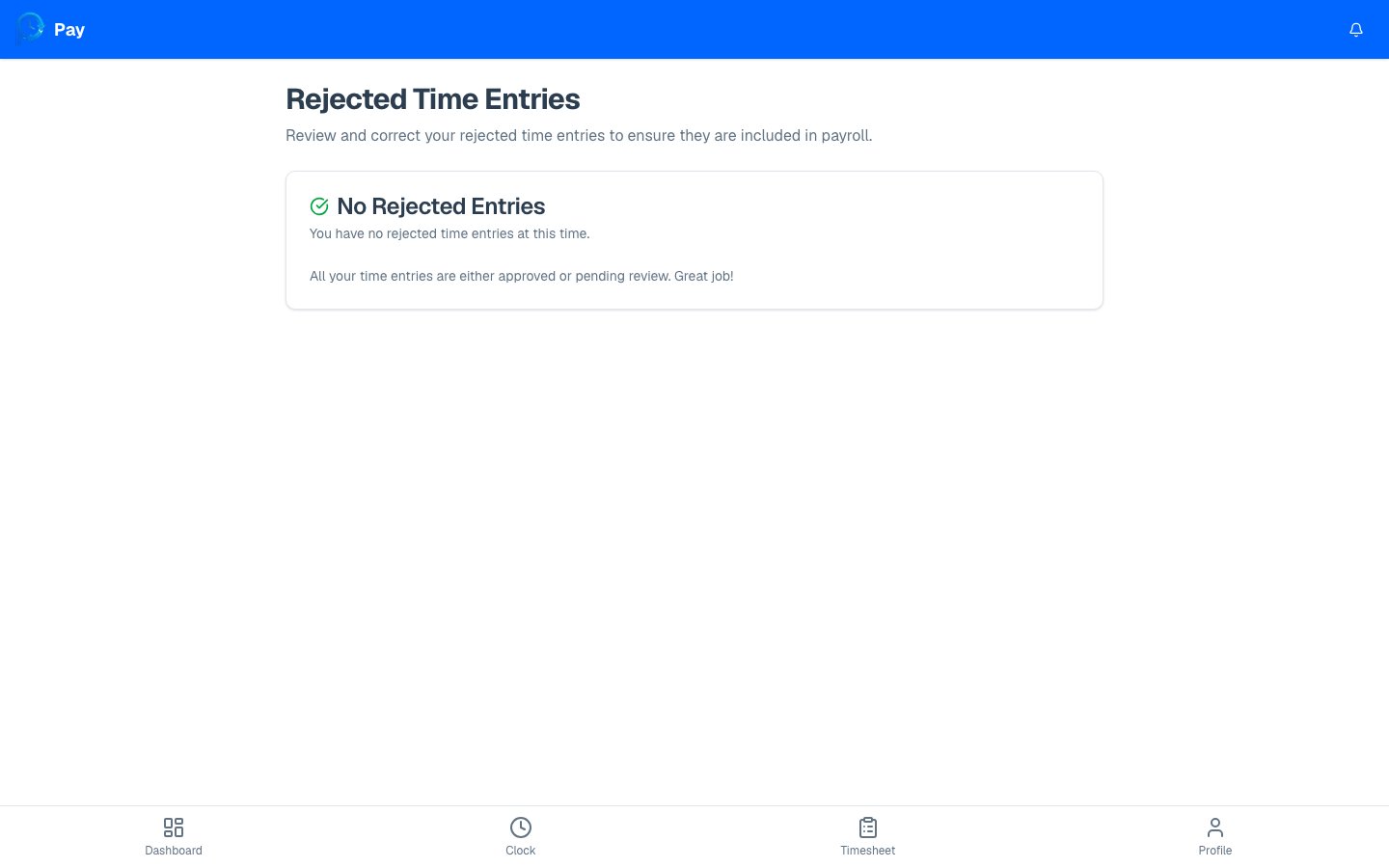 Rejected time entries page listing entries that need correction